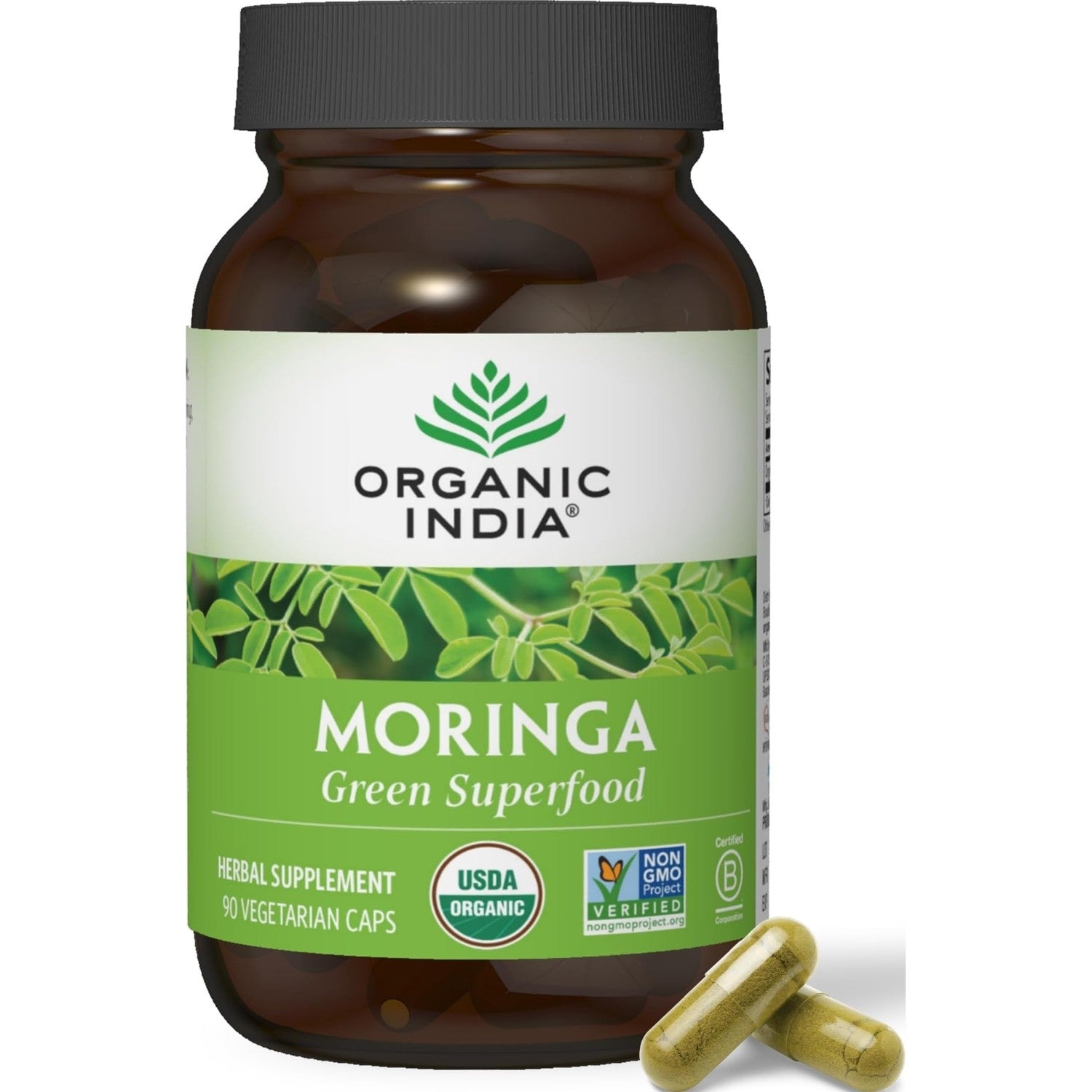 ORGANIC INDIA Moringa Herbal Supplement - Green Superfood, Nutrient Dense, Pure Plant Protein, Vitamin A, E, K, Iron, Calcium, Fiber, Vegan, Gluten-Free, USDA Certified Organic - 90 Capsules