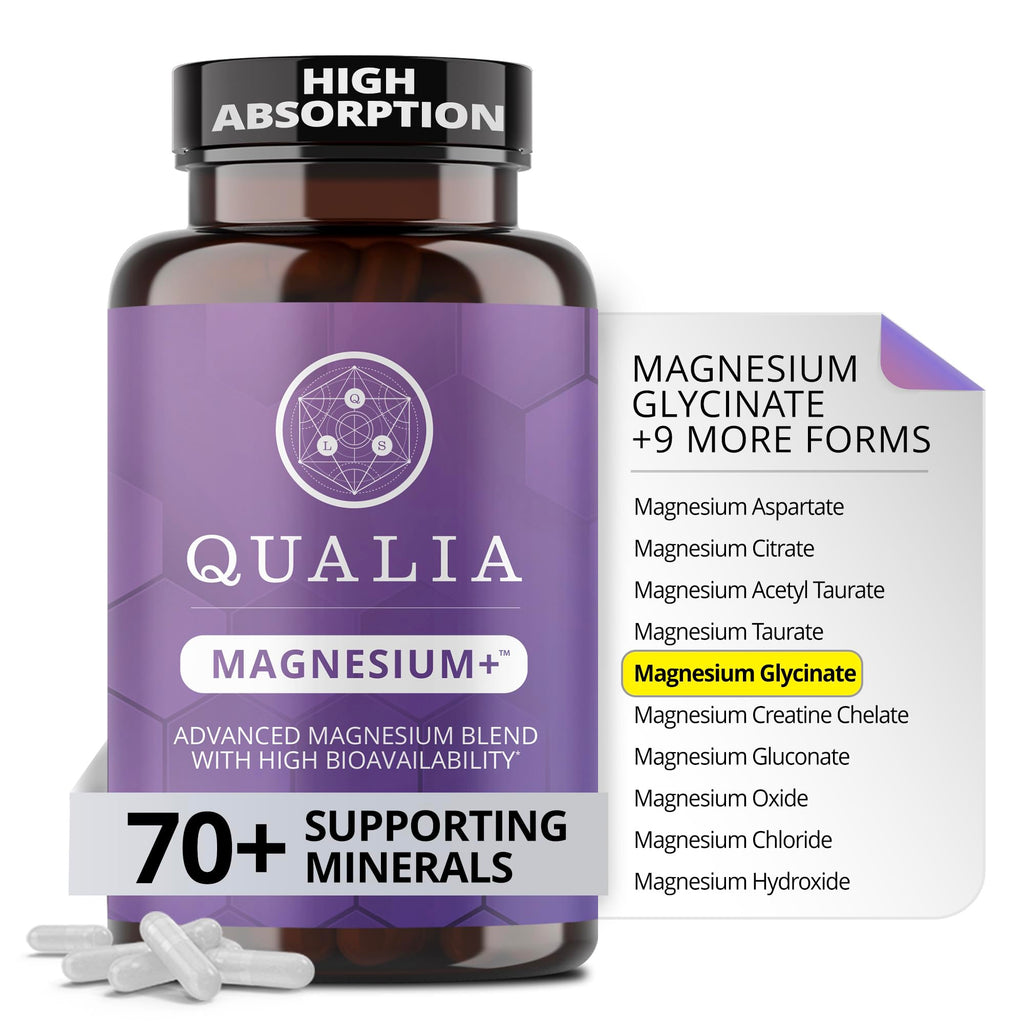 Qualia Magnesium Supplement with Glycinate, 10 Forms and 70+ Minerals | Magnesium complex for women & men with citrate & taurate, for sleep & muscle recovery; clinically studied, high absorption