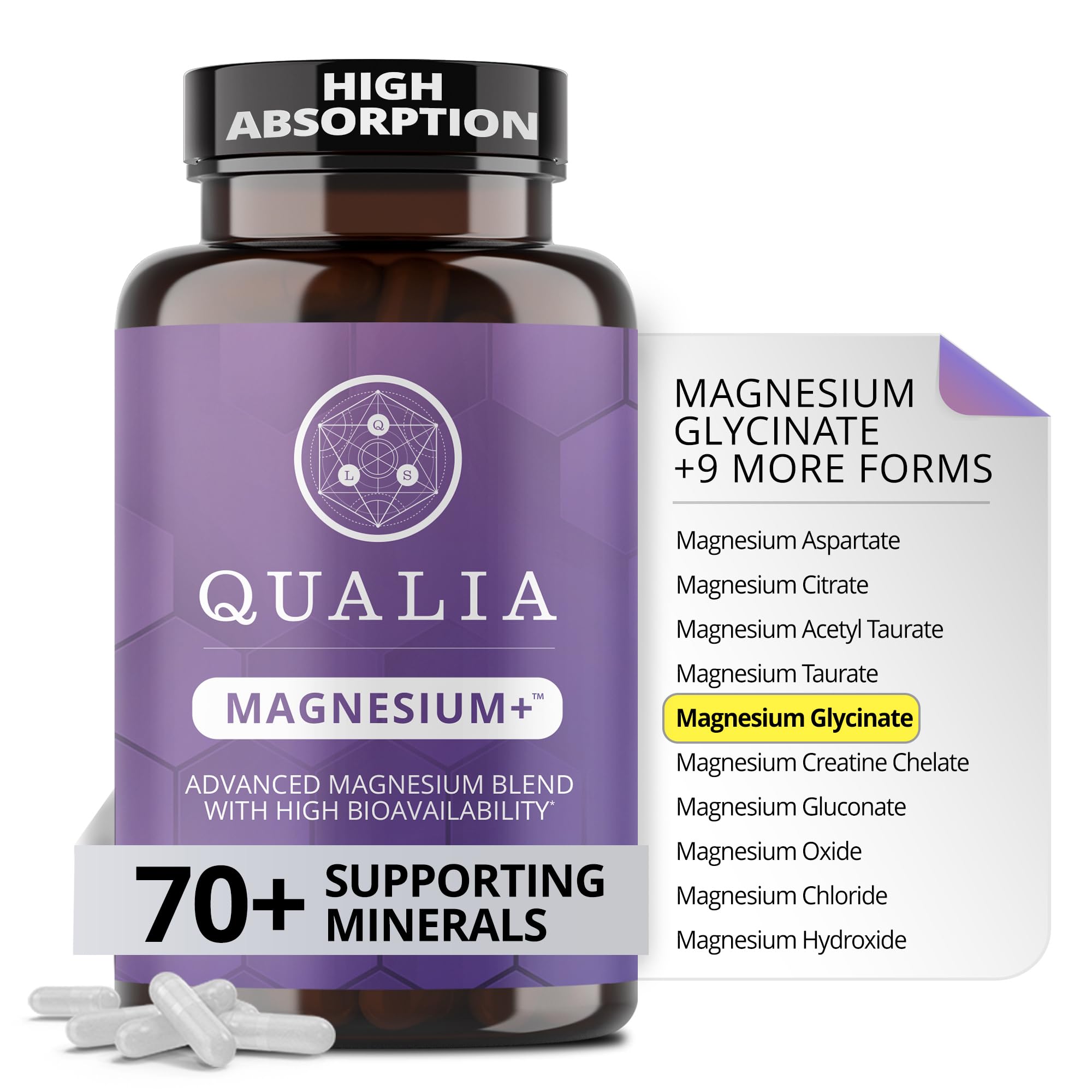 Qualia Magnesium Supplement with Glycinate, 10 Forms and 70+ Minerals | Magnesium complex for women & men with citrate & taurate, for sleep & muscle recovery; clinically studied, high absorption