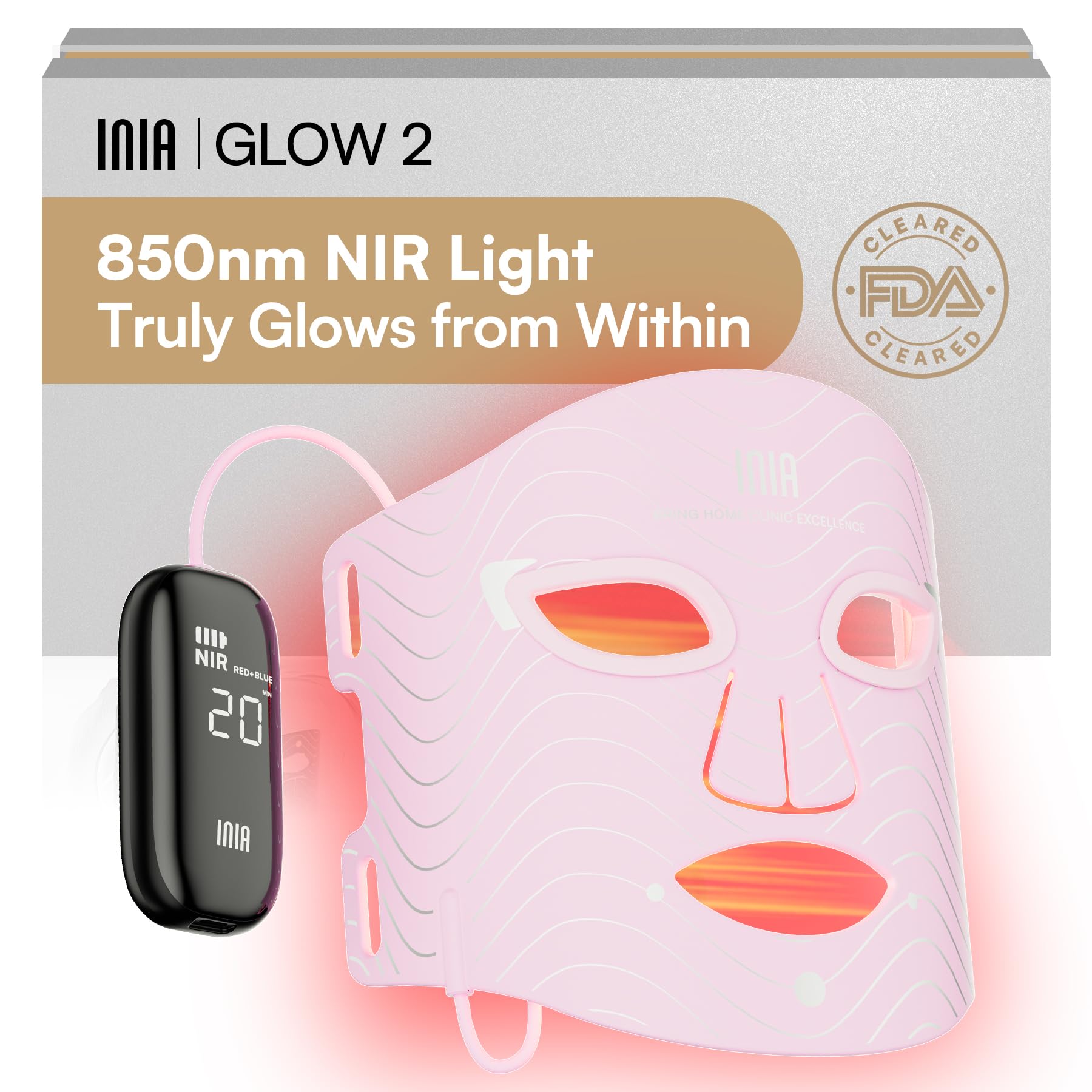 INIA Red Light Therapy Mask for Face, 850nm NIR, Red/Blue LED Light 4 Modes | Visible Results in Just 4 Weeks, 220 LEDs, 105mW/cm² Output, 2600mAh Rechargeable Battery, 10-30min Timer, Auto Shut-off