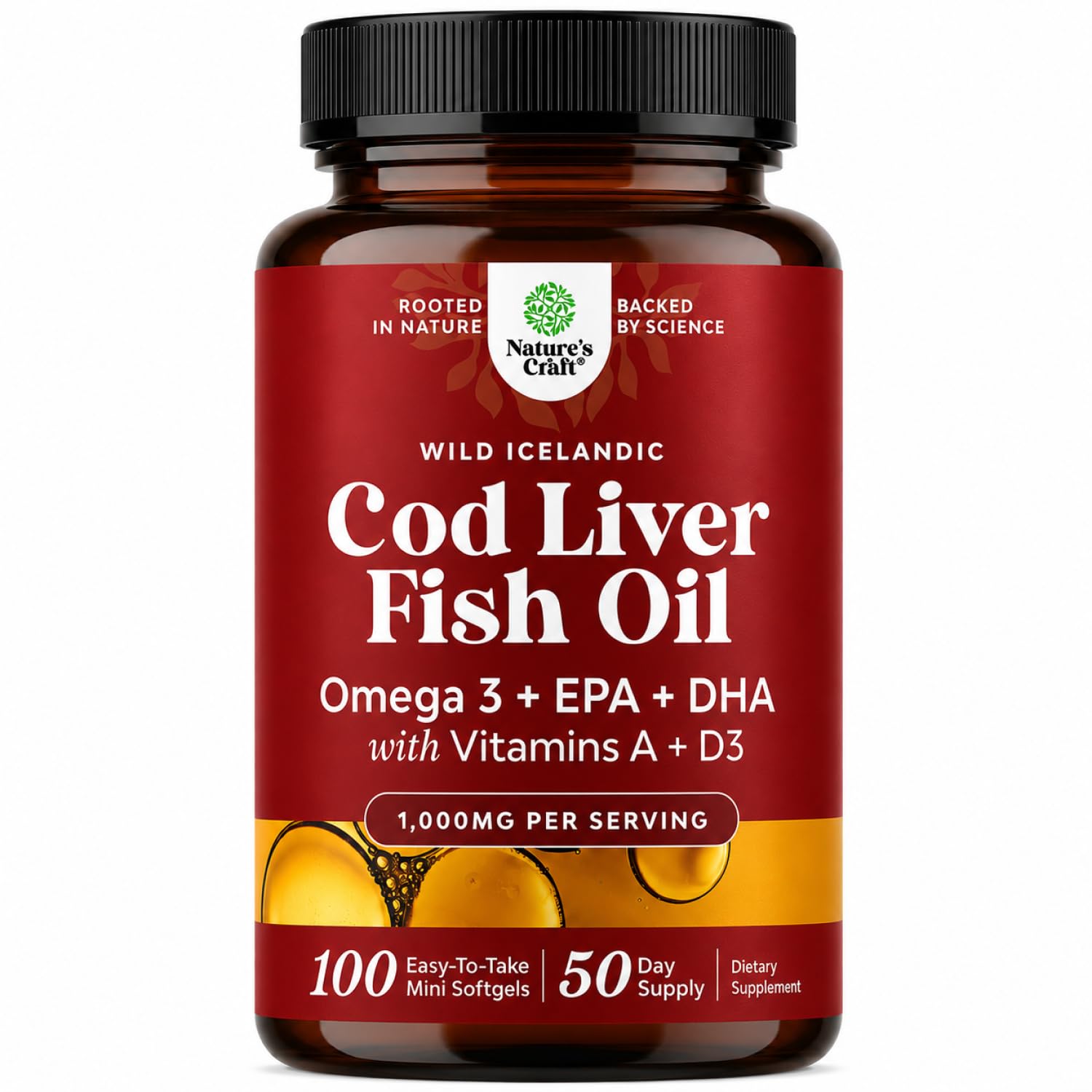 Icelandic Cod Liver Oil Softgels - Omega 3 Fish Oil with Vitamin A - 100 Ct | Wild Caught - Paired with EPA , DHA & D3 - Healthy Heart, Brain & Immune Support - 1000 mg Per Serving - 50 Burpless Servings