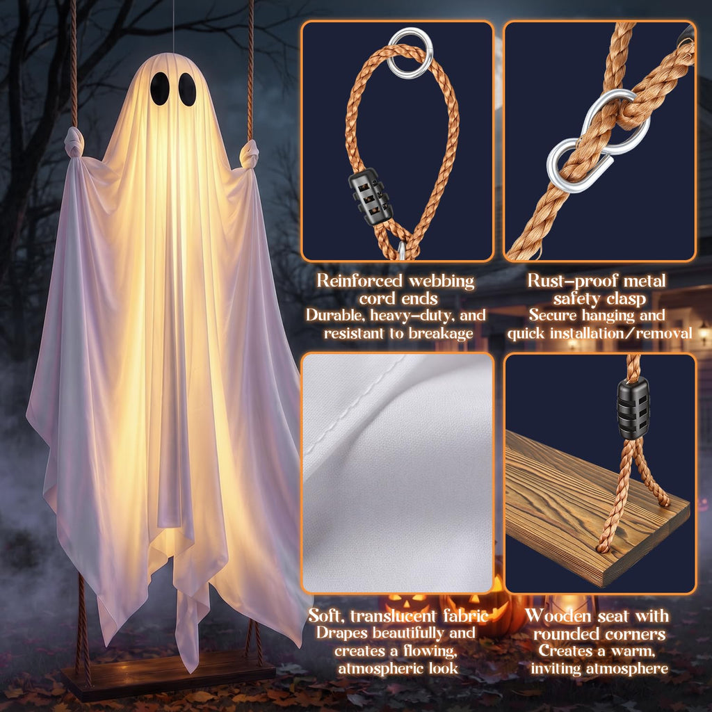 Halloween Decorations Outdoor, 5 FT Hanging Swing Ghost with String Lights, Light Up Large Spooky Cute Decor Kit, Scary Party Decoration for Outside, Garden, Yard, Lawn, Home