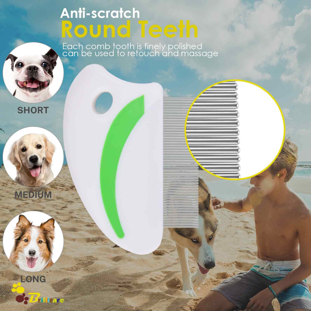 2 Pack Flea Lice Comb, Stainless Steel Dog Cat Grooming Combs with Rounded Teeth, Professional Pet Tear Stain Remover, Dematting Tool for Small, Medium & Large Pets