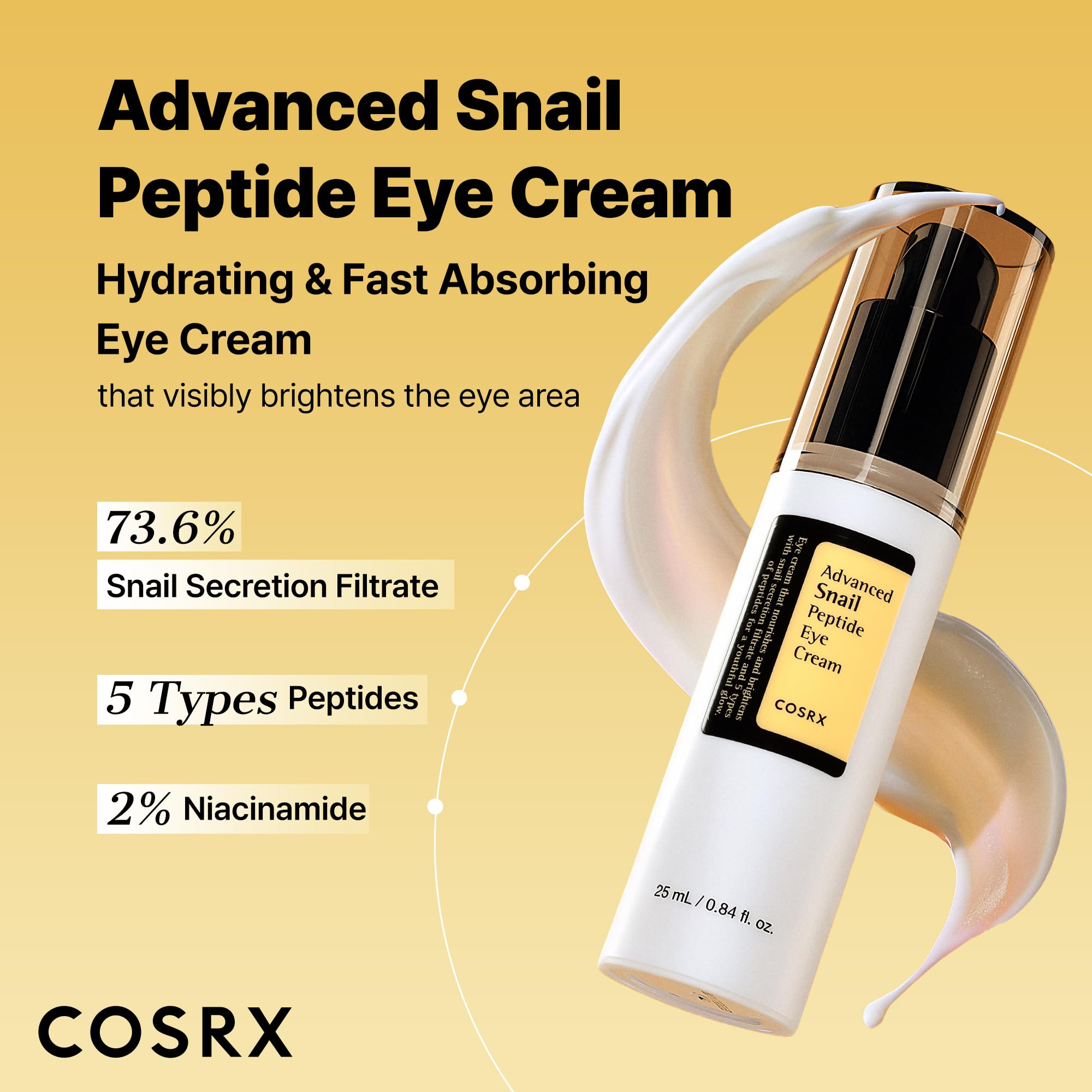 COSRX Snail Mucin Peptide Under Eye Cream for Anti-aging, 0.84 oz | 73.7% Snail Mucin, 5X Peptide and Niacinamide, Eye Care, Korean Eye Cream for Dark Circles, Korean Skin Care