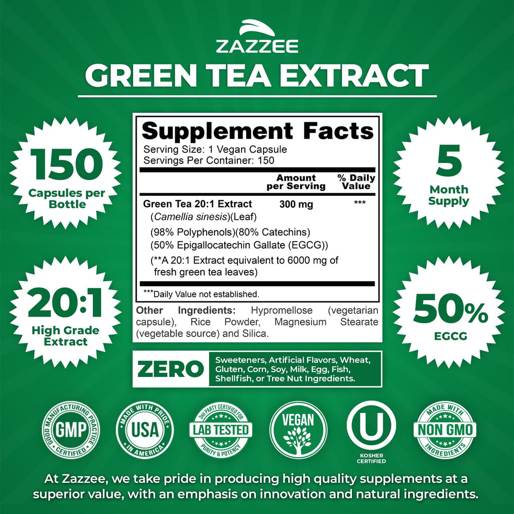 Zazzee Extra Strength Green Tea 20:1 Extract, 50% EGCG, 150 Vegan Capsules | 98% Polyphenols, 80% Catechins, 5 Month Supply, Certified Kosher, Antioxidant & Metabolism Support, Non-GMO, Made in the USA