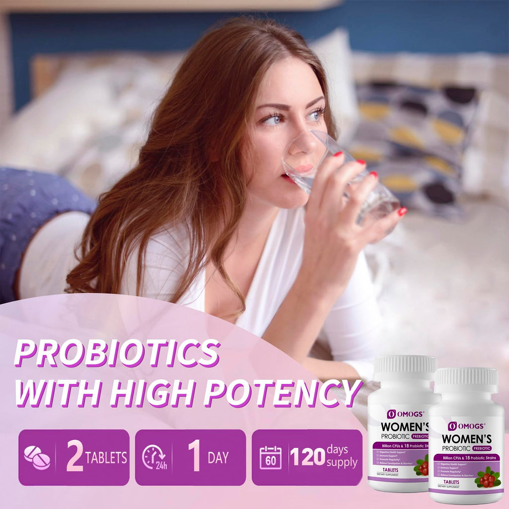 OMOGS 2PCS Women's Probiotic, with Cranberry Extract, Organic Prebiotics & Vitamin C, 120 Billion CFUs,18 Strains, Help for Boost Immune, Digestive, Gut Health & Women's Health, 240 Tablets