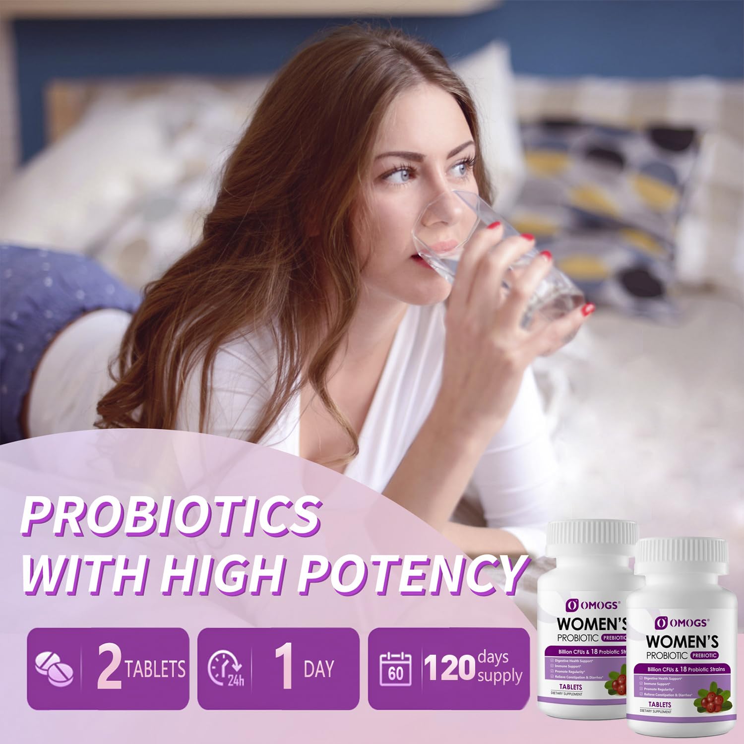 OMOGS 2PCS Women's Probiotic, with Cranberry Extract, Organic Prebiotics & Vitamin C, 120 Billion CFUs,18 Strains, Help for Boost Immune, Digestive, Gut Health & Women's Health, 240 Tablets