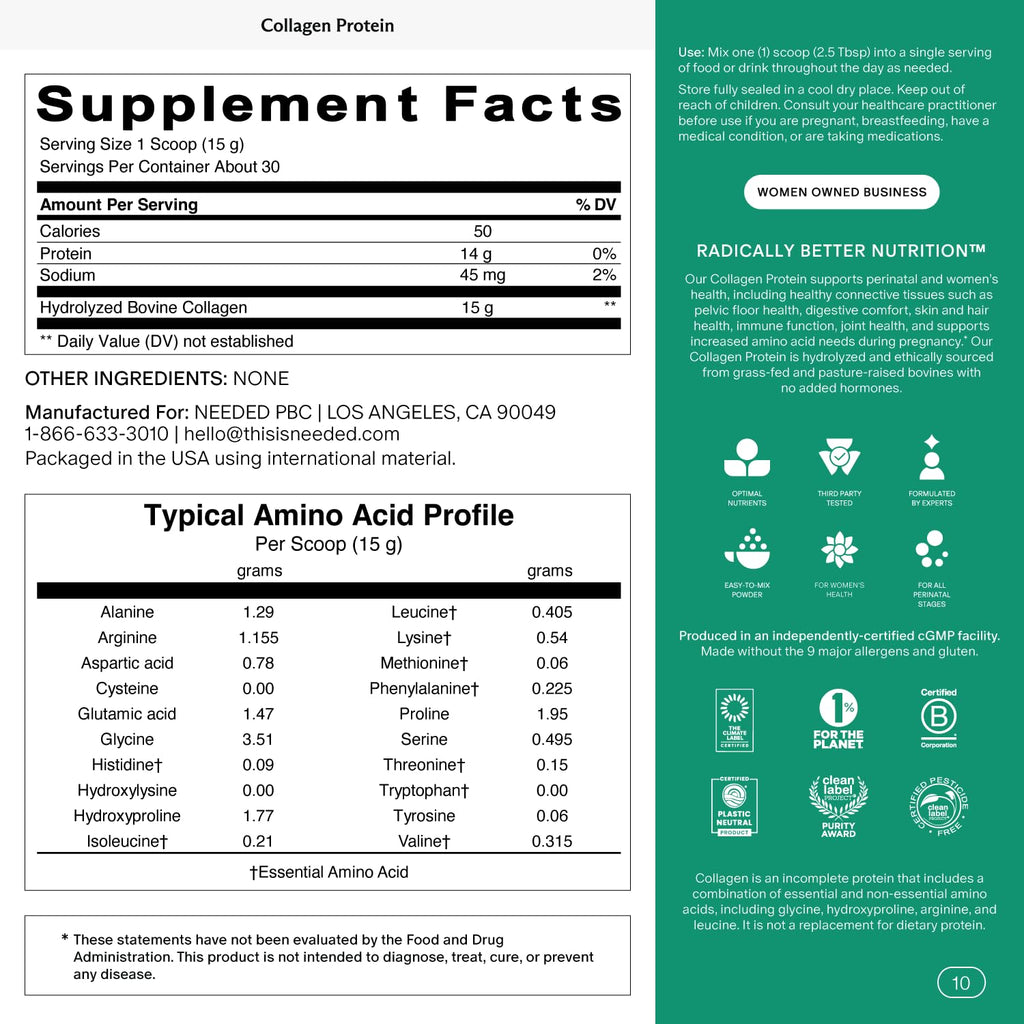 Needed. Hydrolyzed Collagen Protein Powder | Expert-Backed & Clean Sourced | Supports Skin, Hair, Joints | Grass-fed, Pasture-Raised, Hormone-Free | 1lb