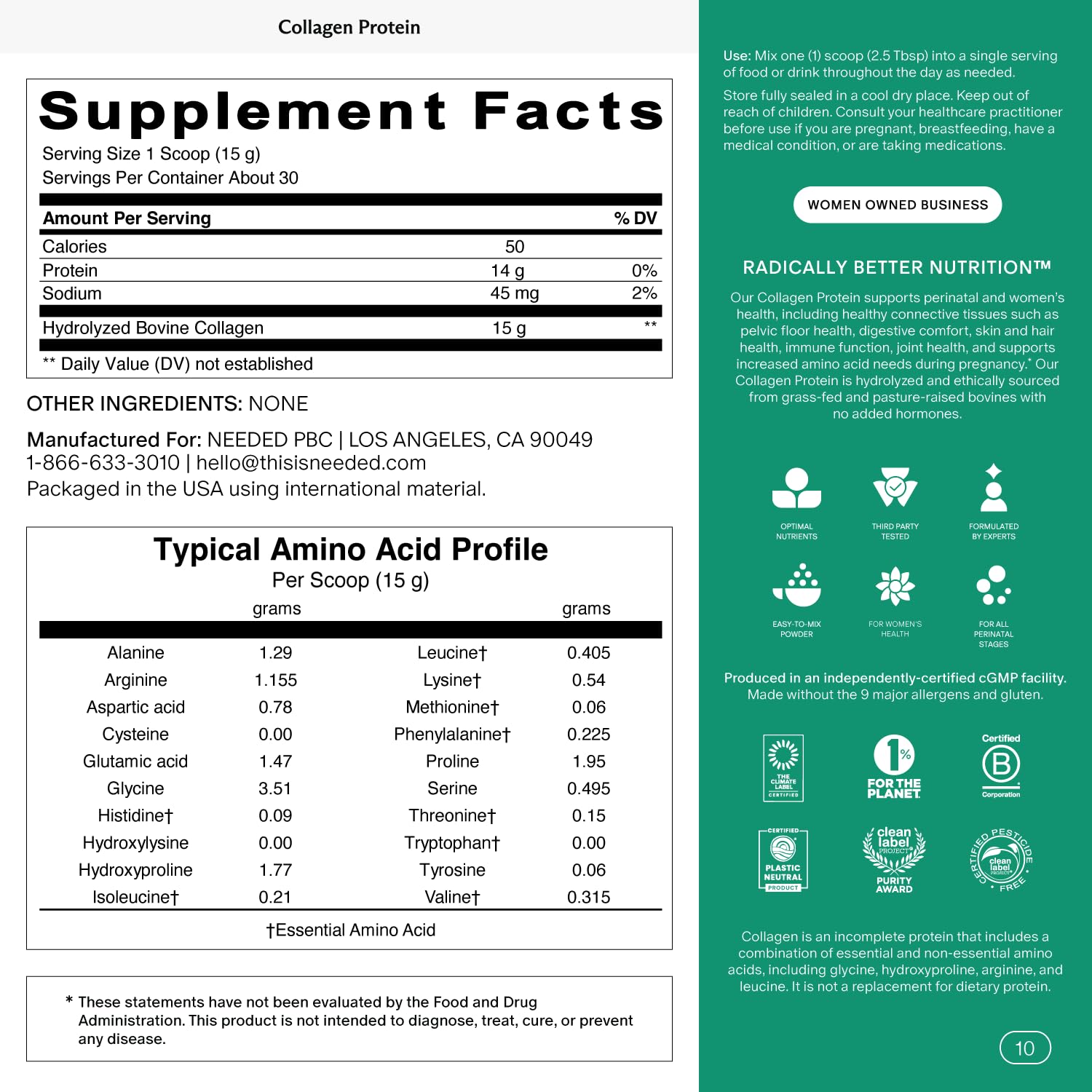 Needed. Hydrolyzed Collagen Protein Powder | Expert-Backed & Clean Sourced | Supports Skin, Hair, Joints | Grass-fed, Pasture-Raised, Hormone-Free | 1lb