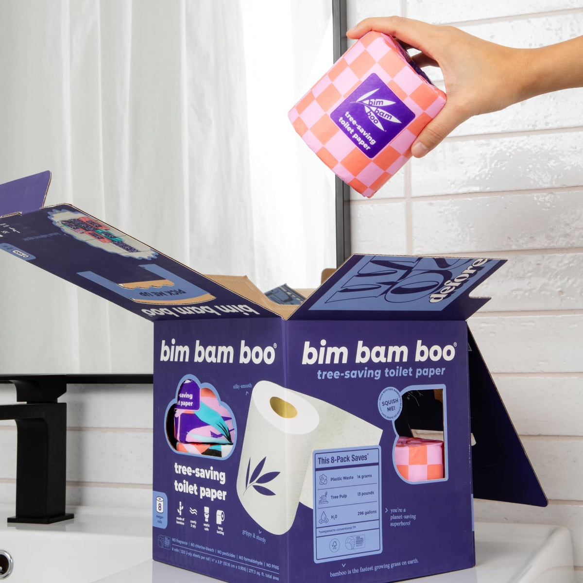Bim Bam Boo PFAS-Free Bamboo Toilet Paper, 2-Ply, 8 Rolls, 295 Sheets Each