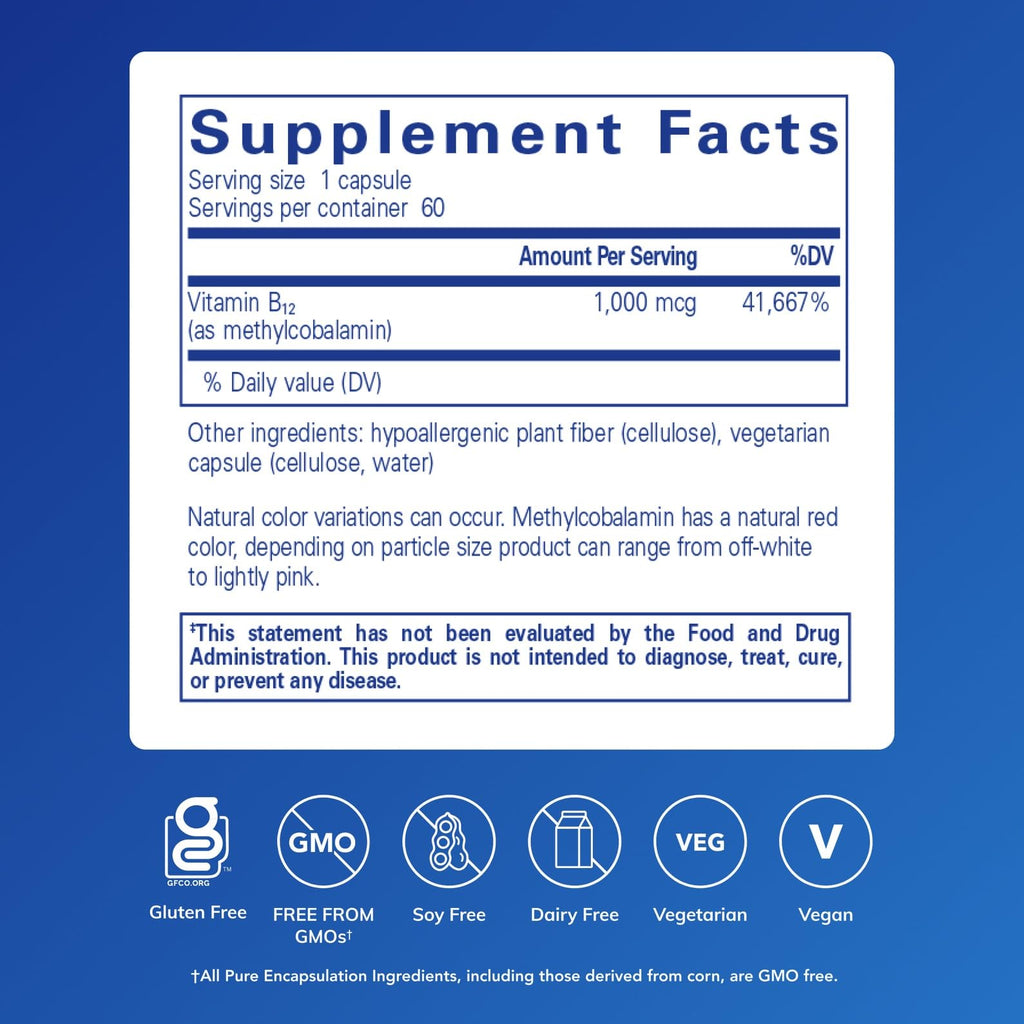 Pure Encapsulations Methylcobalamin 1,000 mcg, 60 Capsules | Vitamin B12 Supplement to Support Memory and Nerve Health*, Vitamin B12
