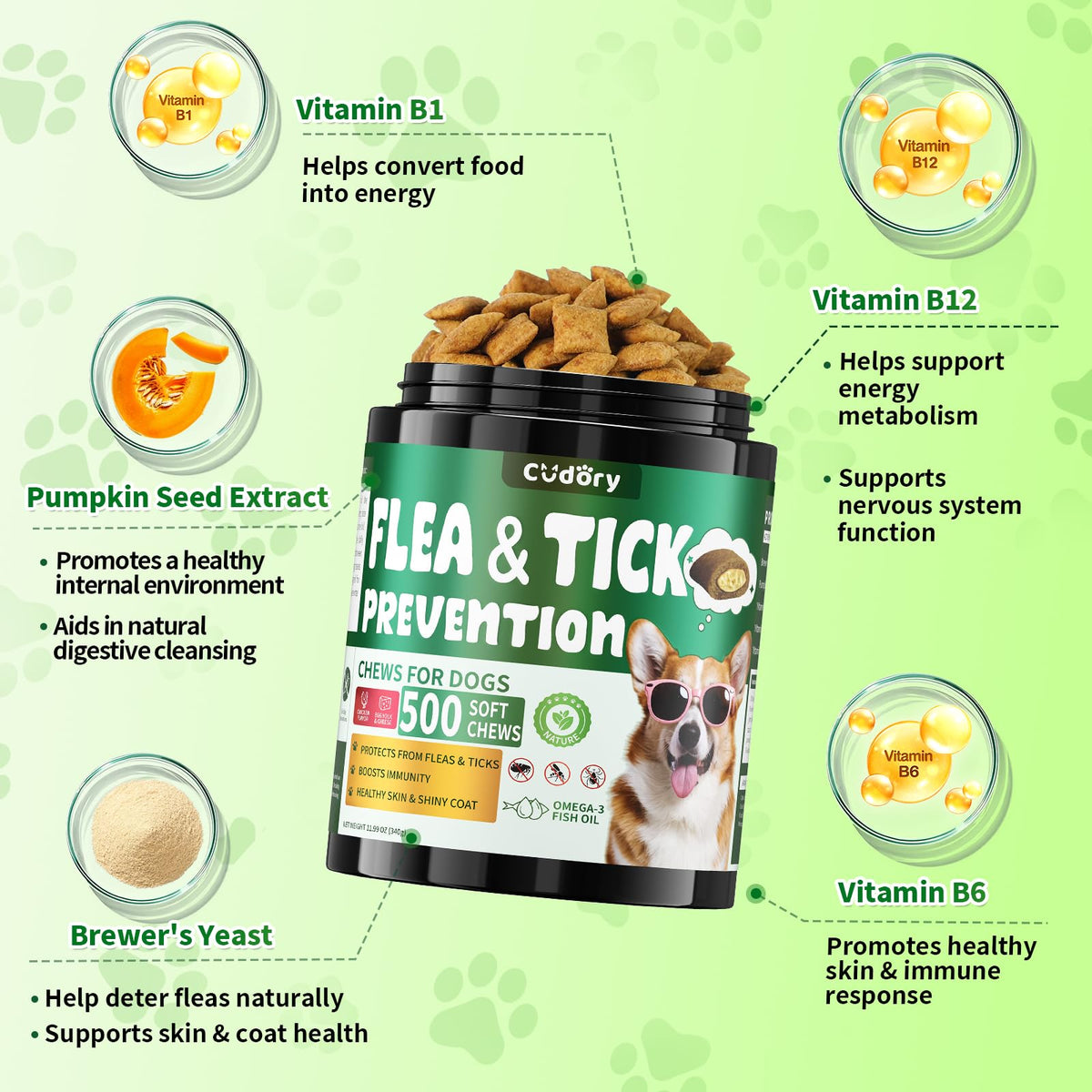 Cudory Flea and Tick Prevention for Dogs, 500 Dog Flea Treatment Chews
