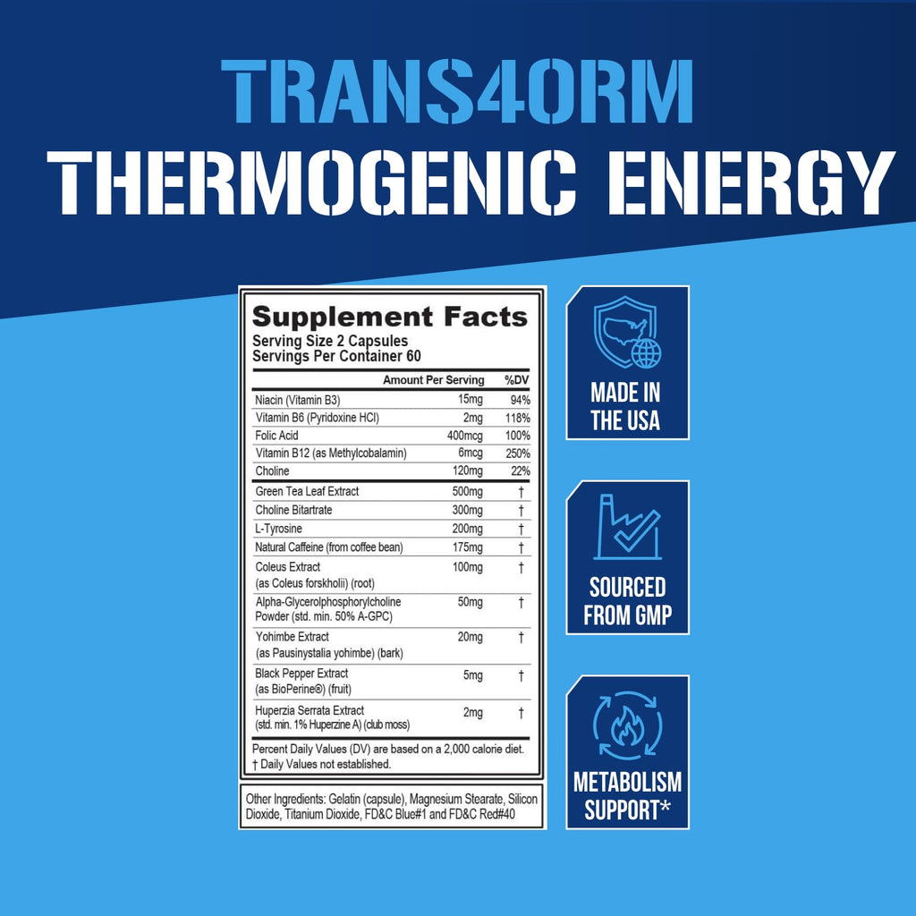 EVL Trans4orm - Thermogenic Fat Burner Support for Men & Women- 60 Servings | Fast Acting Weight Loss Energy and Appetite Support - Green Tea Supplement for Men and Women