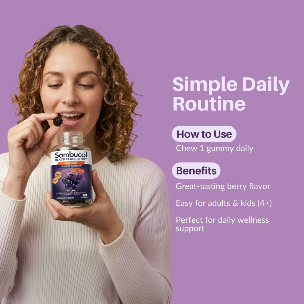 Sambucol Elderberry Gummies - Immune Support Supplement - 90 Count | Advanced Formula For Adults & Kids with Vitamin C & Zinc, Sambucol Elderberry are High in Antioxidants, Gluten Free, Vegan