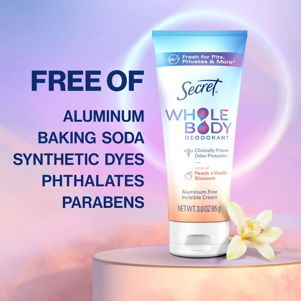 Secret Whole Body Deodorant Cream for Women, Travel Size, Peach & Vanilla Blossom Scent, Aluminum Free Deodorant, 72 HR Odor Protection, 0.8 oz (Pack of 2)