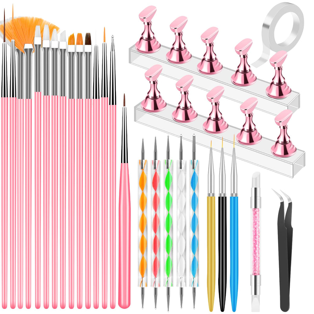 YOOVR 28-In-1 Nail Art Tools with Nail Stand Holder for Press on Painting | Nail Art Brushes, French Tip Liner Brushes, Dotting Tools, Must Have Design Tools Supplies for Nail Tech & Beginners (Pink)