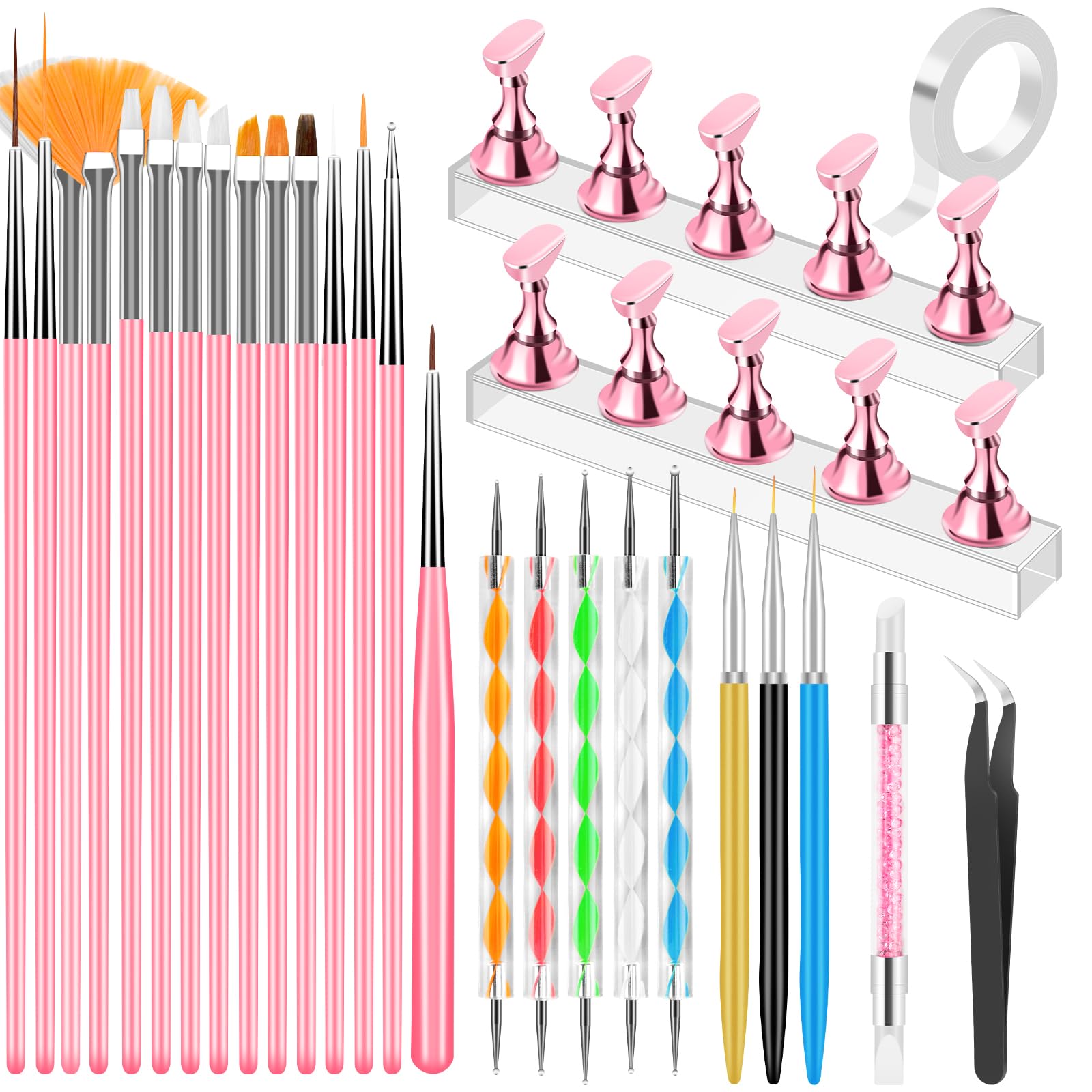 YOOVR 28-In-1 Nail Art Tools with Nail Stand Holder for Press on Painting | Nail Art Brushes, French Tip Liner Brushes, Dotting Tools, Must Have Design Tools Supplies for Nail Tech & Beginners (Pink)