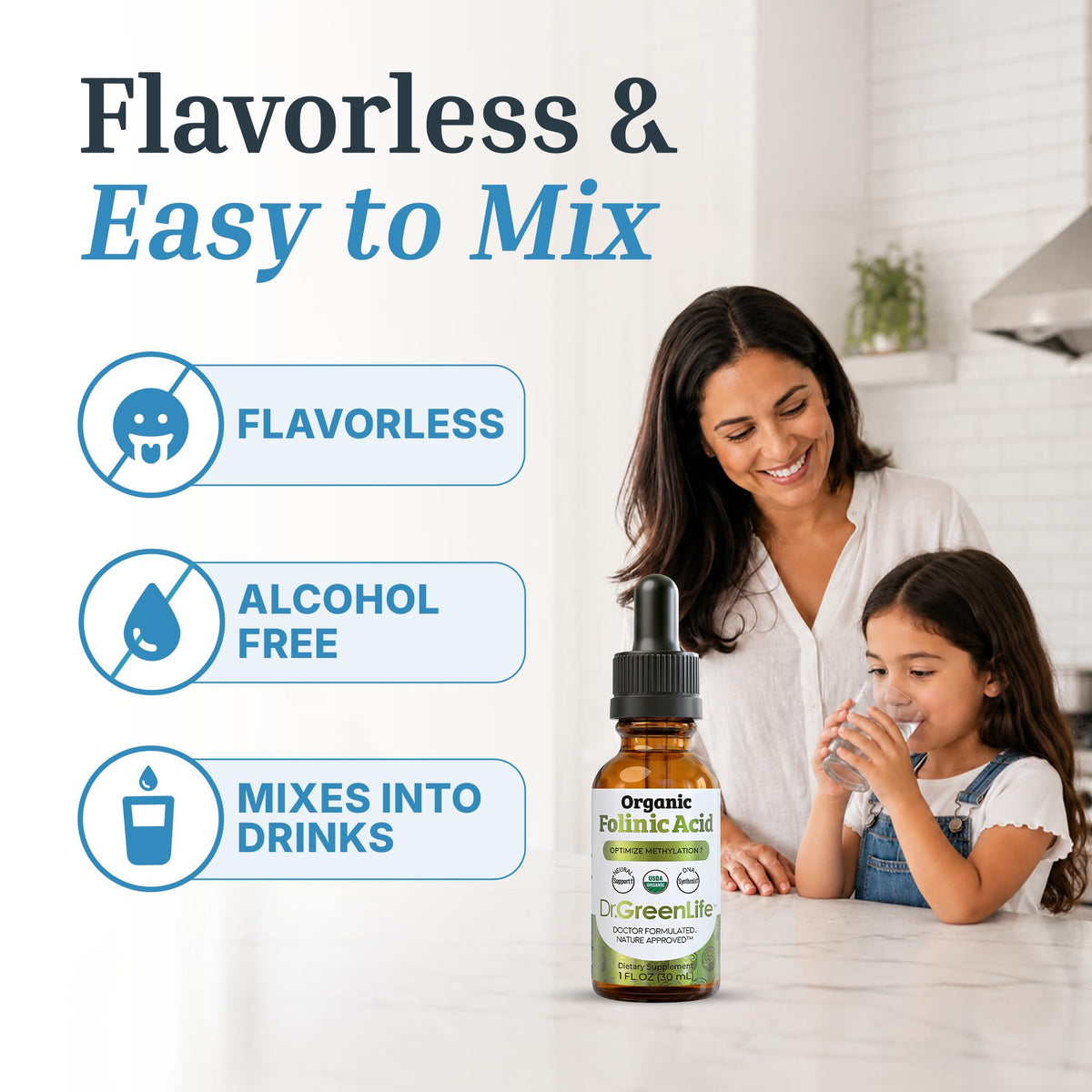 Dr. Green Mom Folinic Acid For Kids & Adults — High Dose — MTHFR-Friendly Folic Acid Alternative — Organic Liquid Drops — 500 mcg/Drop — Vitamin B9 for Methylation, Neurological & DNA Support, 1 fl oz