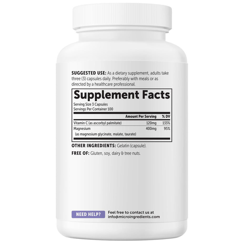 Micro Ingredients Pure Triple Magnesium Complex | 300 Capsules | 400mg Elemental Magnesium Per Serving | Chelated Glycinate, Taurate, Magnesium Malate, Vitamin C | Filler Free