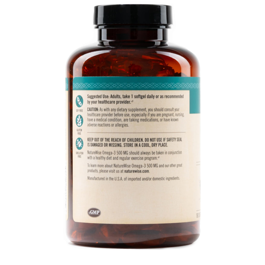 NatureWise Omega 3 Fish Oil - 500mg Omega 3 per Serving - 300mg EPA & 200mg DHA - Sustainably Sourced for Purity - Lemon Flavored - Burpless - Gluten & Soy Free, Non-GMO - 180 Softgels[6-Month Supply]