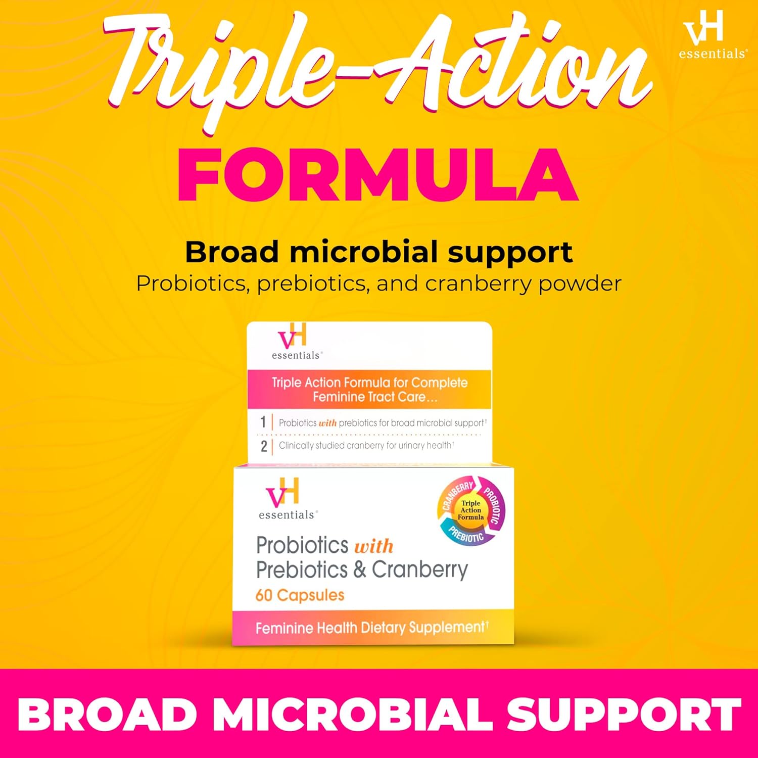 Buy now vH Essentials Probiotics for Women with Prebiotics, Cranberry & Vitamin C - 60 Capsules (30 Day Supply) - Women's Probiotics Support Gut Balance, Feminine Health & Urinary Tract Health for Women at indiglob india