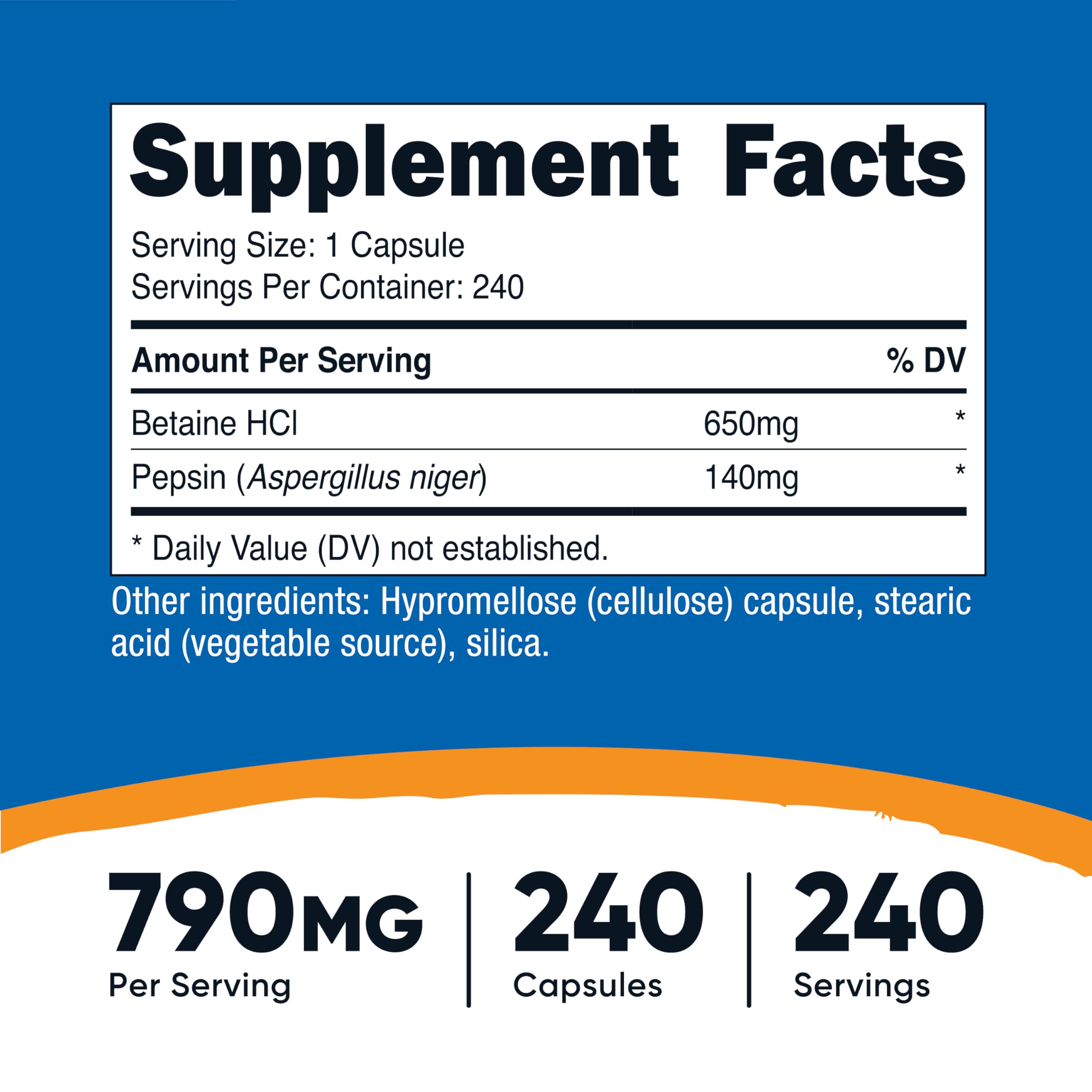 Nutricost Betaine HCl + Pepsin 790mg, 240 Capsules (2 Bottles) | Vegetarian & GMO Free