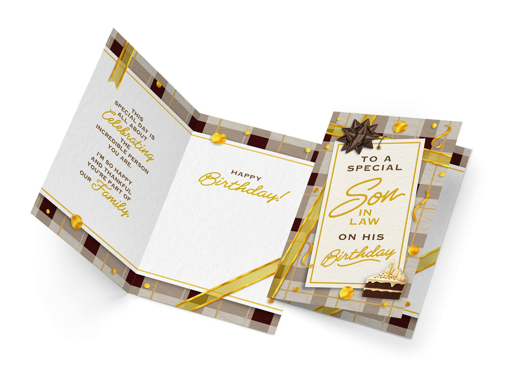Prime Greetings Son In Law Birthday Card, Made in America, Thick Card Stock with Premium Envelope Packaged in a Reusable Presentation Mailer, Eco-Friendly, 5in x 7.75in
