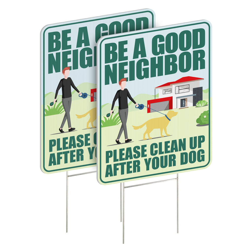 Clean Up After Your Dog Signs 2 Pack 12"x9" with Metal Stake, No Pooping Signs for Yard, Pick Up After Your Dog Signs