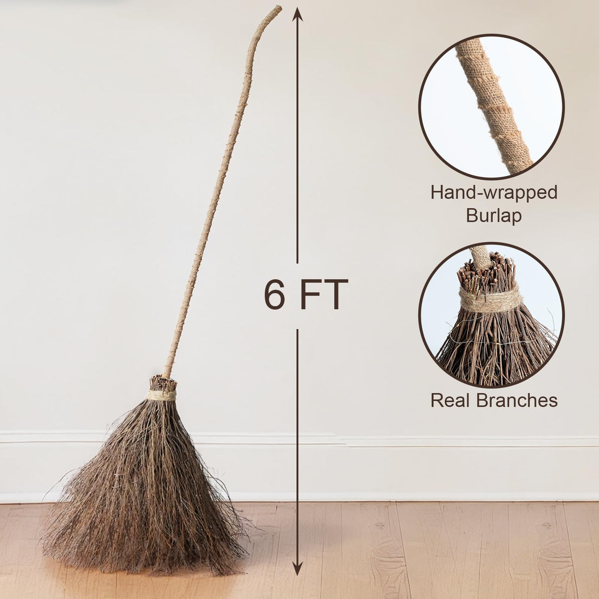 Halloween Decorations Fall Decor - 6FT Giant Handmade Real Twig Witch Broom
