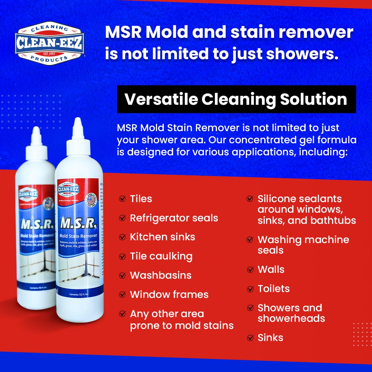 Clean-eez Mold Stain Remover Gel | Powerful Mold and Mildew Stain Remover for Caulk and Almost Any Bathroom Surface Like Grout, Glass, Tile and Rubber | Made In USA from US Company