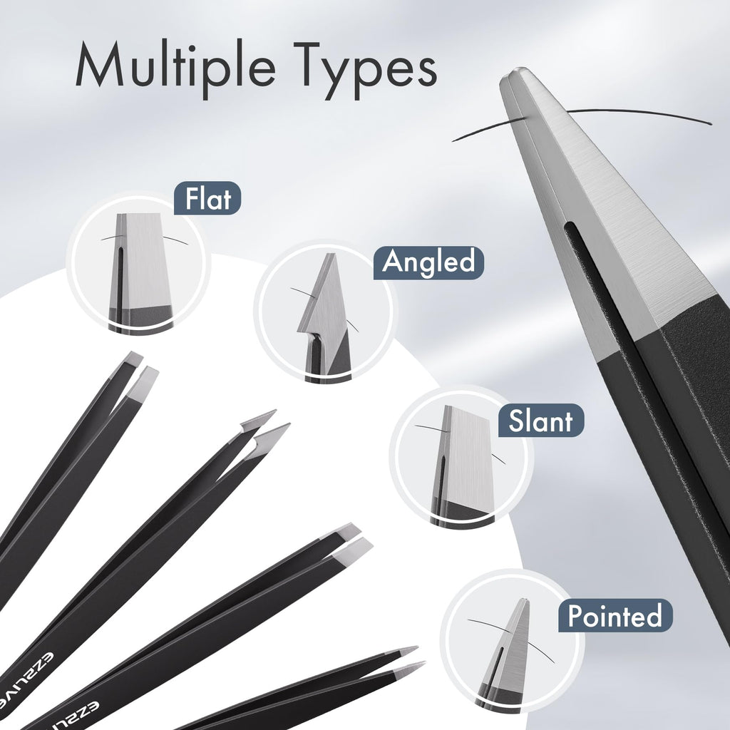 Tweezers for Women Facial Hair, Slant & Pointed Tweezers for Eyebrows, Ingrown Hair, Splinter Removal, Precision 4 Pack Tweezer Set, Stainless Steel Eyebrow Tweezers for Men and Women, Black