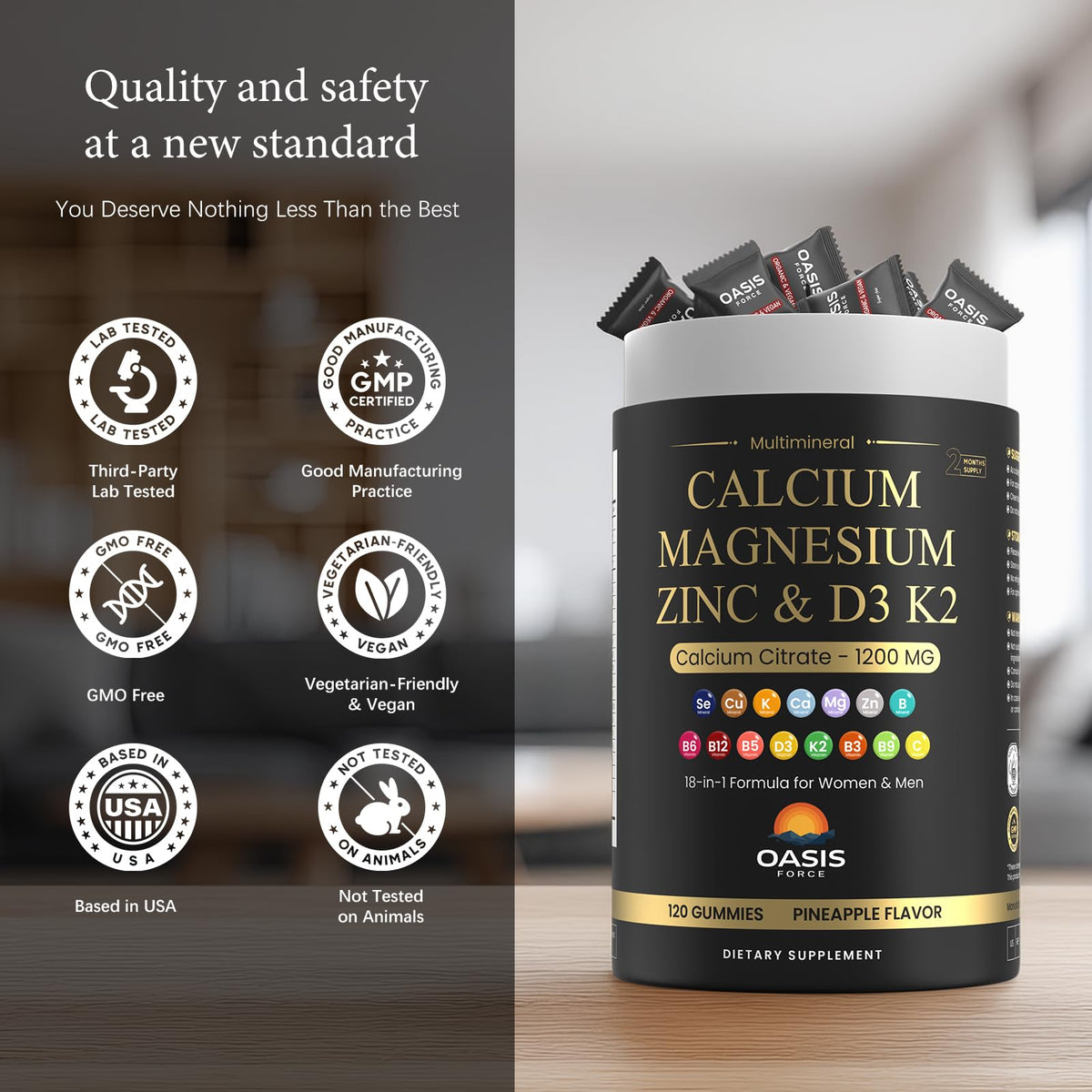 Calcium 1200 mg with Vitamin D3 Gummies, Calcium Citrate Supplements for Women & Men with Magnesium, Zinc, Vitamin D3 & K2, Potassium, Chews for Bone Strength & Muscle Support, Sugar Free, Vegan