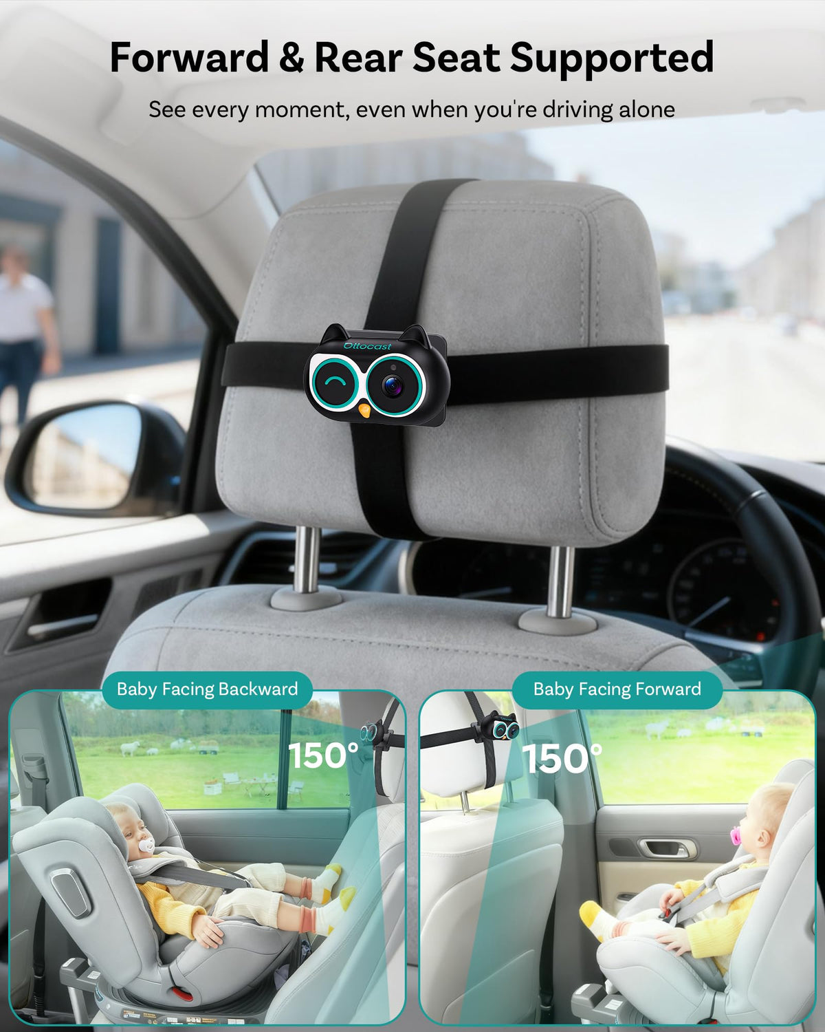 OTTOCAST Cabin Care Baby Camera for Car, 1080P Baby Car Camera with HD Night Vision, Wireless CarPlay Adapter, 150° Wide Angle, Real-Time Rear Seat Monitor