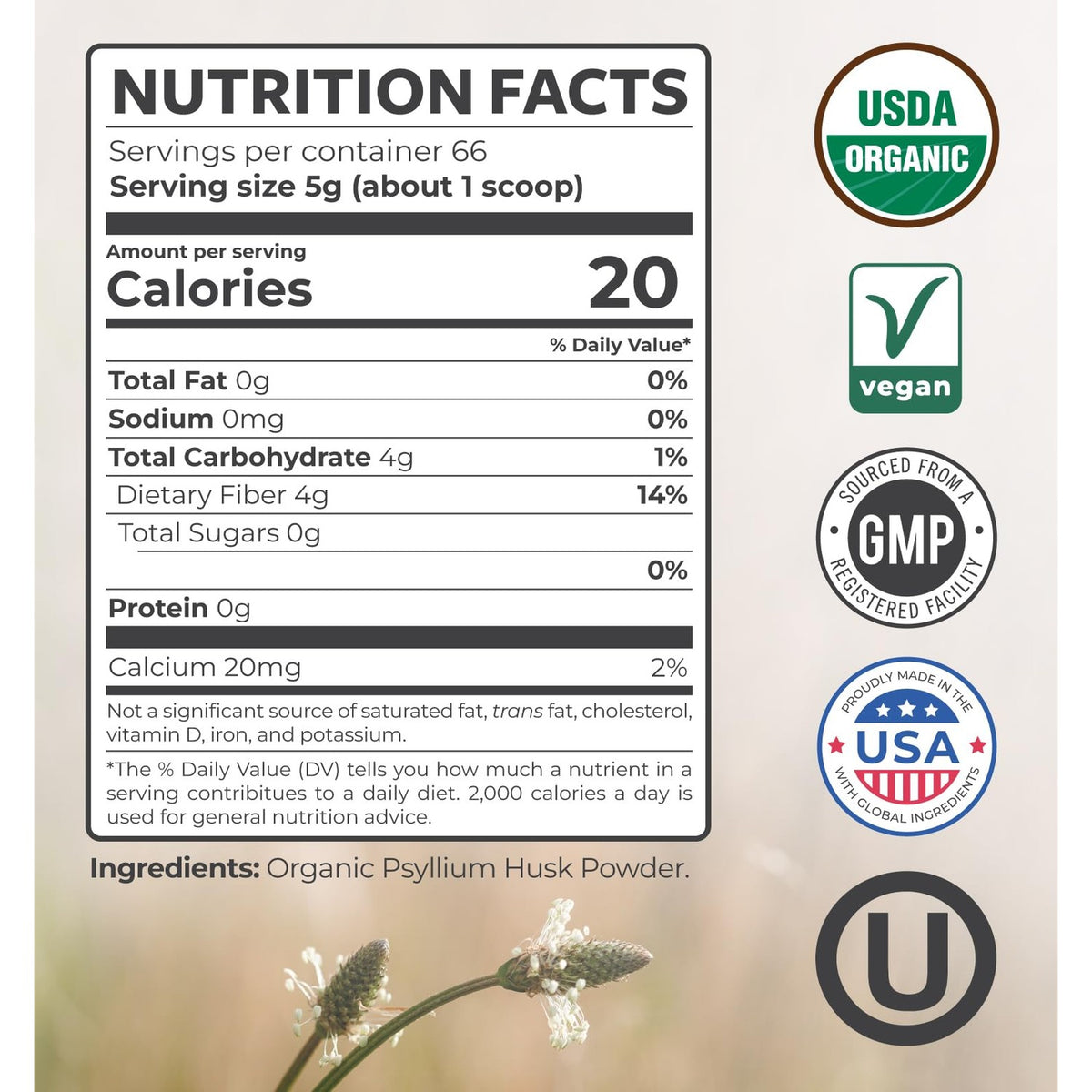 Psyllium Husk Powder Organic Certified - Finely Ground Whole Psyllium Husk Organic Fiber Powder for Baking Smoothies & More - Vegan Gluten Free Non-GMO & Filler Free Soluble Fiber (66 Servings)