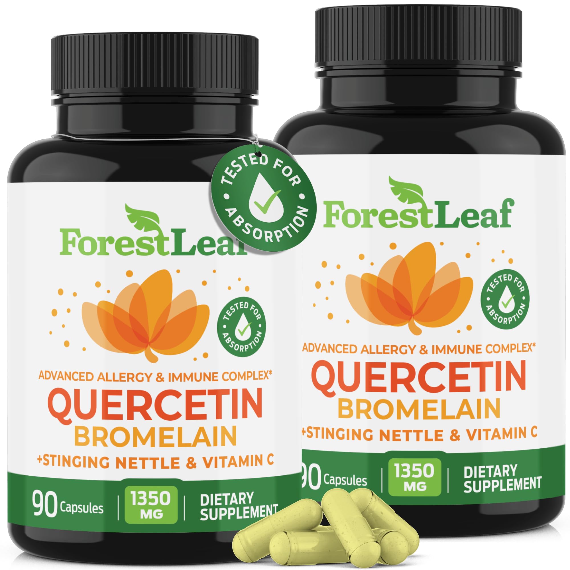 ForestLeaf Quercetin with Bromelain Supplement, 500mg Capsules, 90 Ct | 1350mg Quercetin Complex with Vitamin C, Stinging Nettle for Seasonal Wellness, Non-GMO, Gluten-Free, Vegetarian, Made in USA