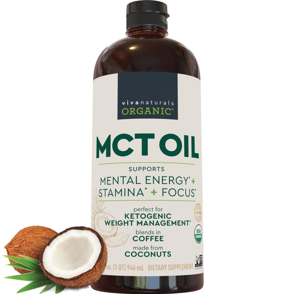 Viva Naturals Organic MCT Oil, 16 fl oz – MCT Oil for Coffee, USDA Organic, Non-GMO, Paleo Certified & Keto Friendly, Supports Energy & Mental Clarity
