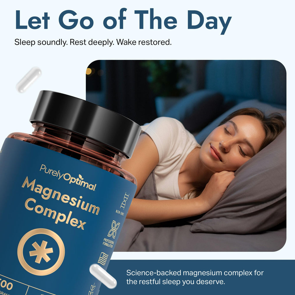 Purely Optimal Magnesium Complex - 6 Forms Magnesium Glycinate, Citrate & Malate - Sleep Support, Stress Relief, Muscles, Heart Health & Relaxation - Magnesium Supplement for Women & Men, 120 Caps