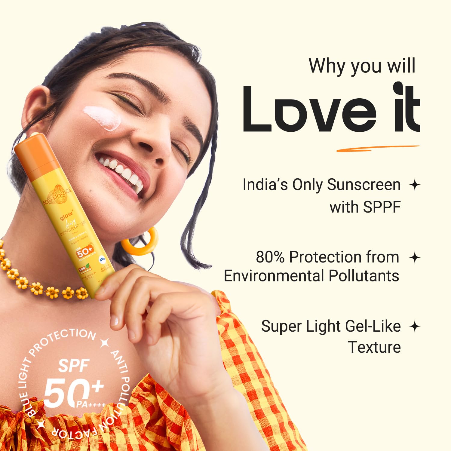 Buy now Aqualogica Glow+ Dewy Face Sunscreen with SPF 50+ & PA+++ | Blue Light Protection & No White Cast | Helps Give Glowing Skin with Papaya & Vitamin C | 1.76 Oz/50g at indiglob india