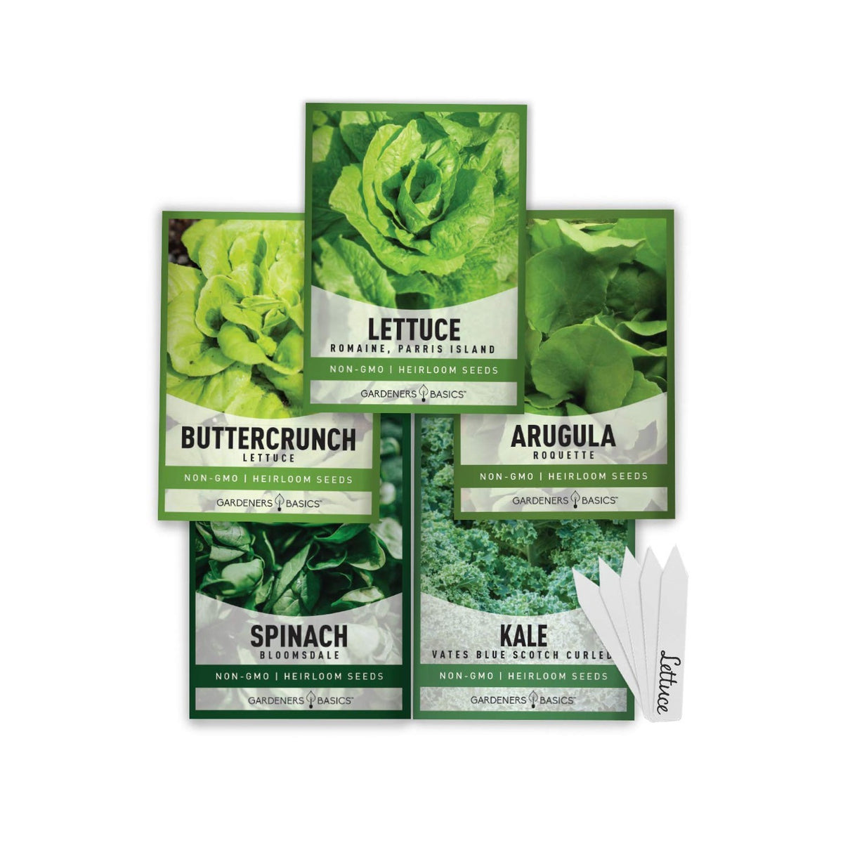 Gardeners Basics Lettuce and Greens Heirloom Vegetable Seed Non-GMO Seeds for Planting Indoors and Outdoor - Lettuce Buttercrunch, Romaine, Arugula, Kale and Spinach, Pack of 5