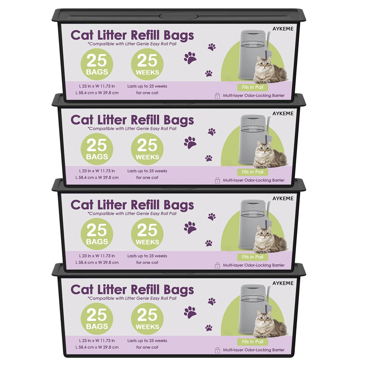 100 Cat Litter Refill Roll Bags Compatible with Litter Genie Easy Roll Pail | Odor-Control & Long-Lasting Refills | 4 Pack (100 Bags Total)
