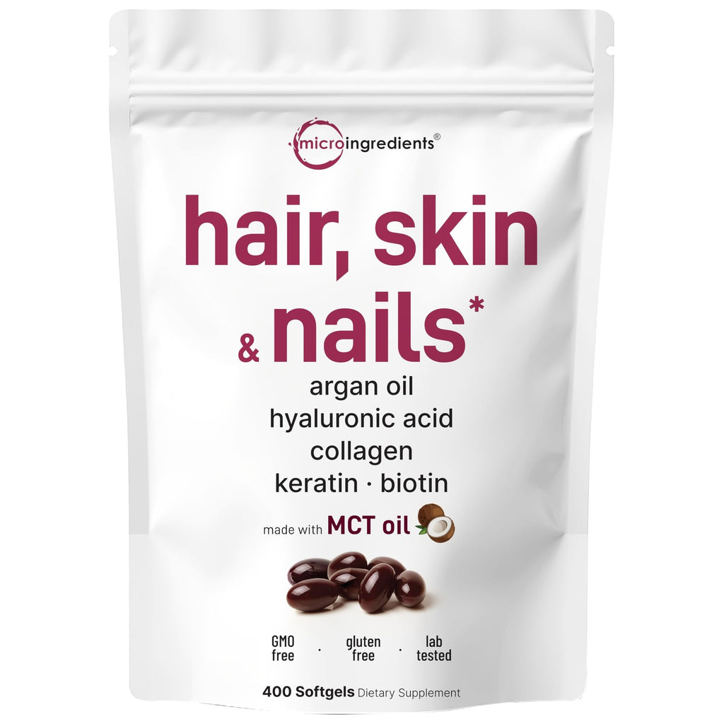 Hair Skin and Nails Vitamins for Women & Men | 400 Softgels with MCT Oil | 21-in-1 Argan Oil, Hyaluronic Acid, Collagen, Keratin & Biotin Supplement | 133-Day Supply | Non-GMO, Gluten Free