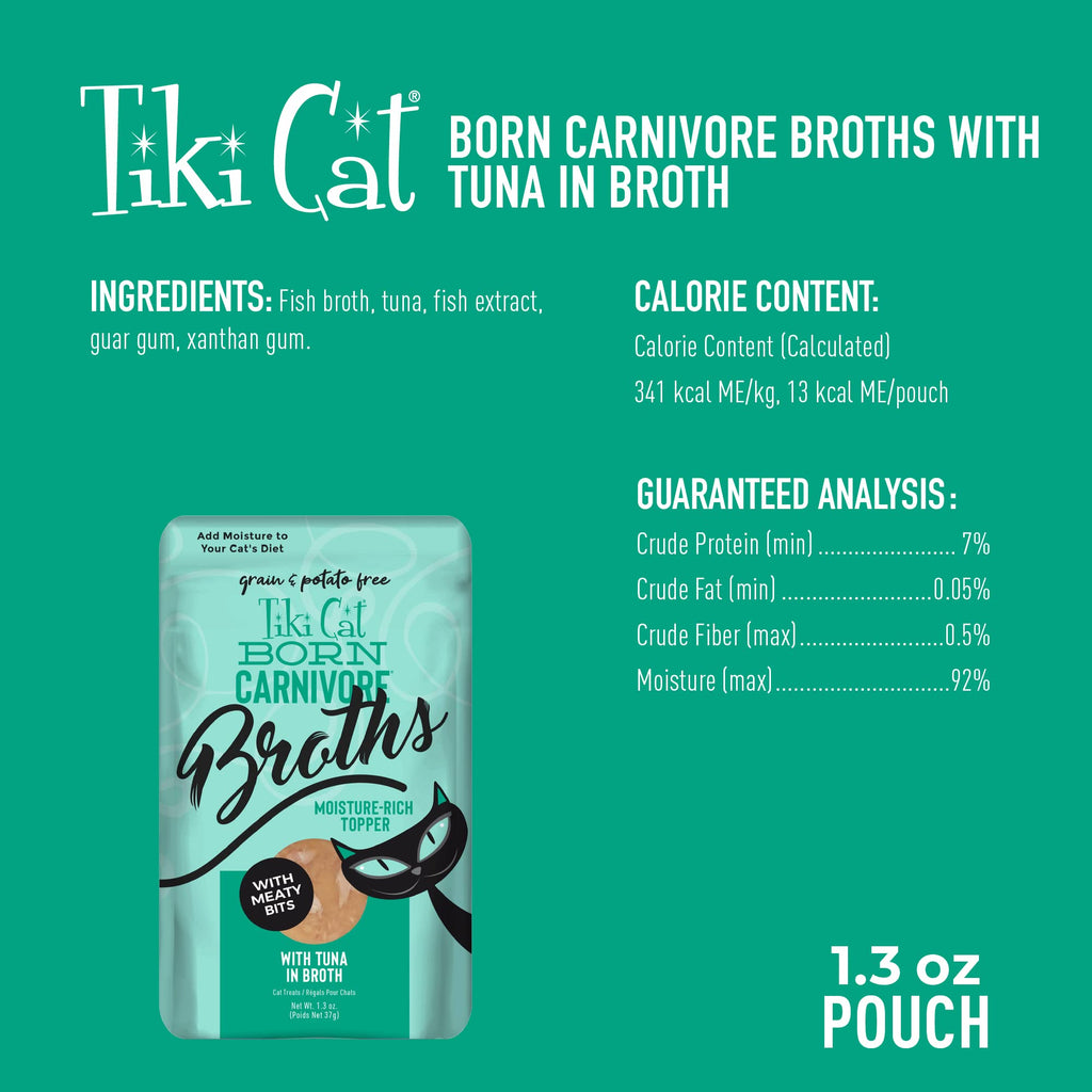 Tiki Cat Born Carnivore Broths, Tuna Cat Food Topper, 1.3 oz. Pouch 12 Pack