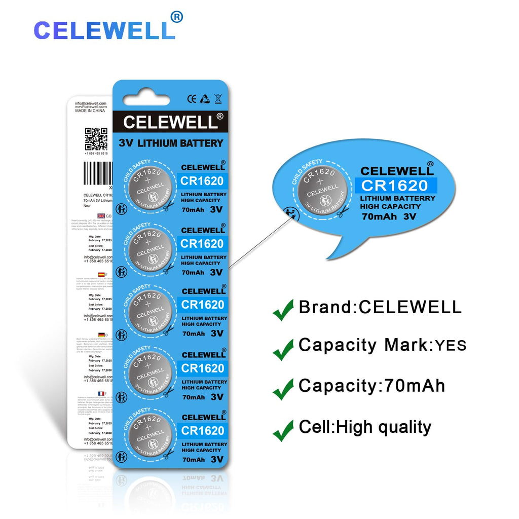 CELEWELL CR1620 5 Pack Key Fob Tracker 70mAh 3V Lithium Battery