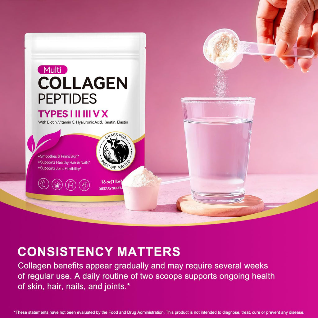 Multi Collagen Peptides Powder | Types I, II, III, V, X | 16 Oz (41 Servings) Hydrolyzed Collagen with Biotin, Vitamin Supports Healthy Skin, Joints, Hair, and Nails | Unflavored & Dissolves Easily