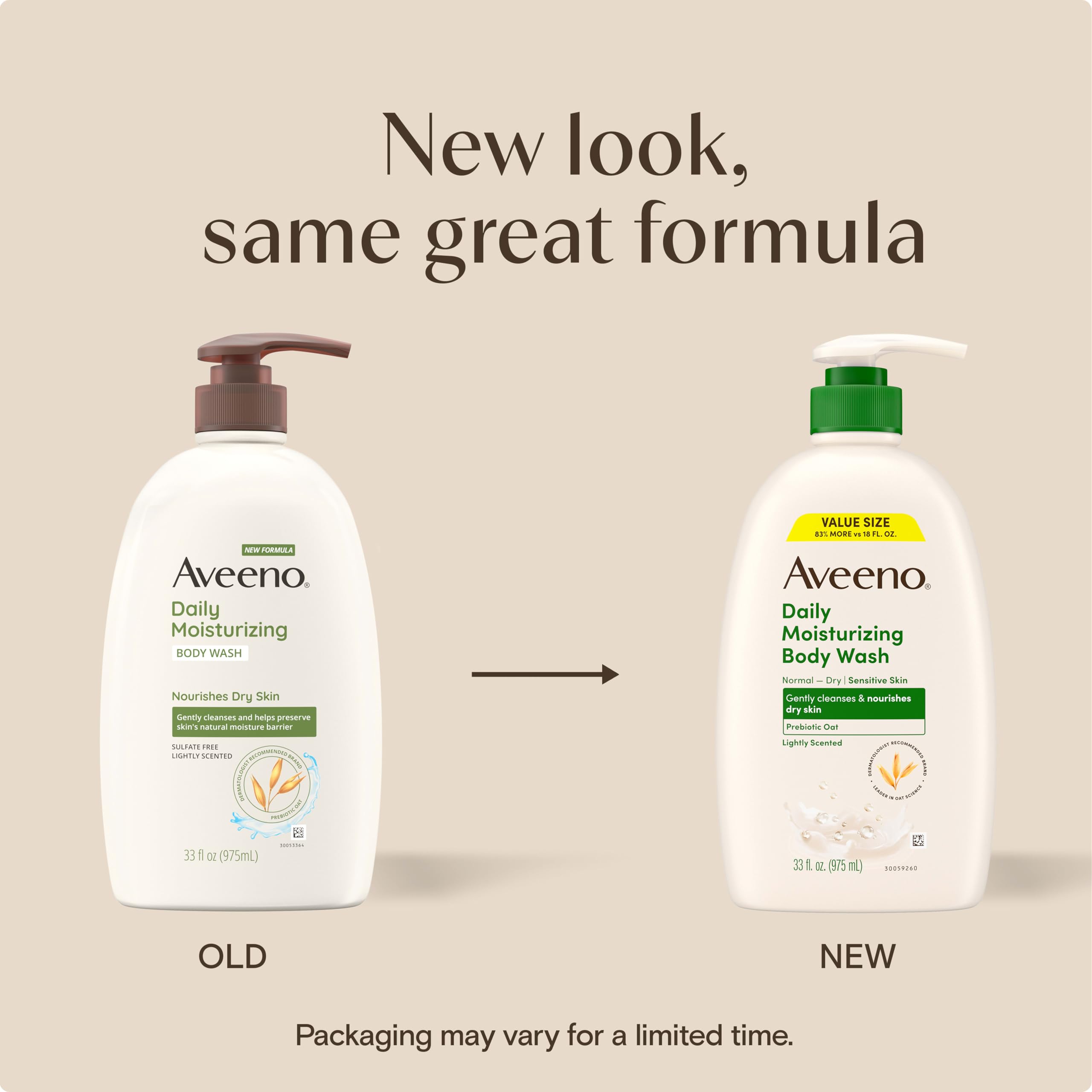 Aveeno Daily Moisturizing Body Wash for Normal to Dry Skin, Sensitive Formula with Prebiotic Oat, Gently Cleanses Dry Skin, Lightly Scented Body Wash for Women and Men, Value Size 33 fl. Oz