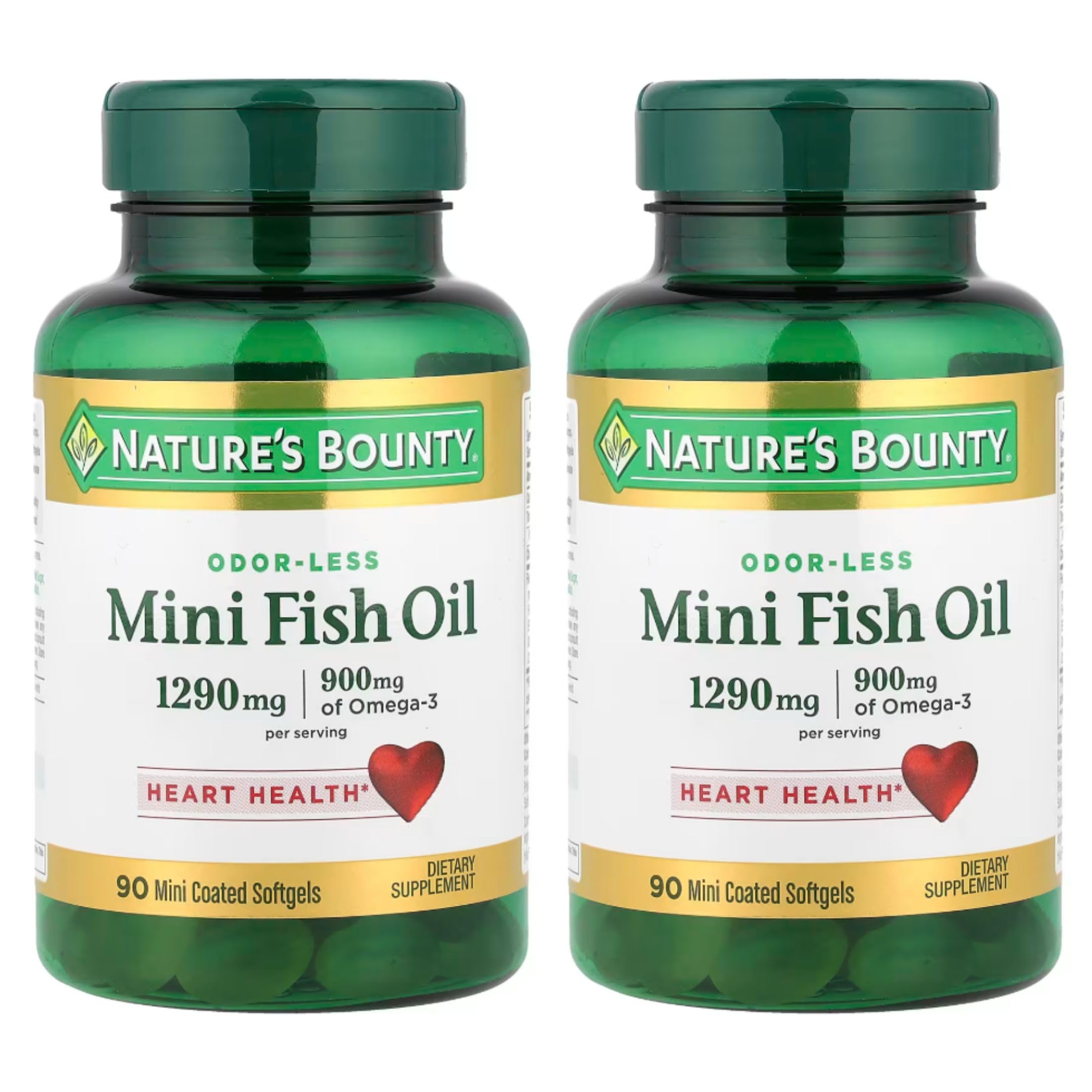 Nature's Bounty Mini Fish Oil Softgels 1290 mg, Omega-3, Supports Heart Health, Odor-Less, 90 Mini Coated Softgels (Pack of 2)