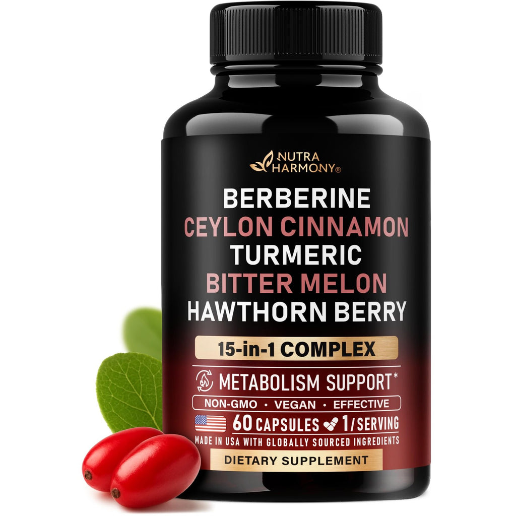 Berberine with Ceylon Cinnamon, Bitter Melon, Hawthorn & Turmeric - 60 Caps | 15in1 Supplement with ACV, Citrus Bergamot - Heart, Metabolism & Energy Support - for Men & Women - Vegan, 60-Day Supply