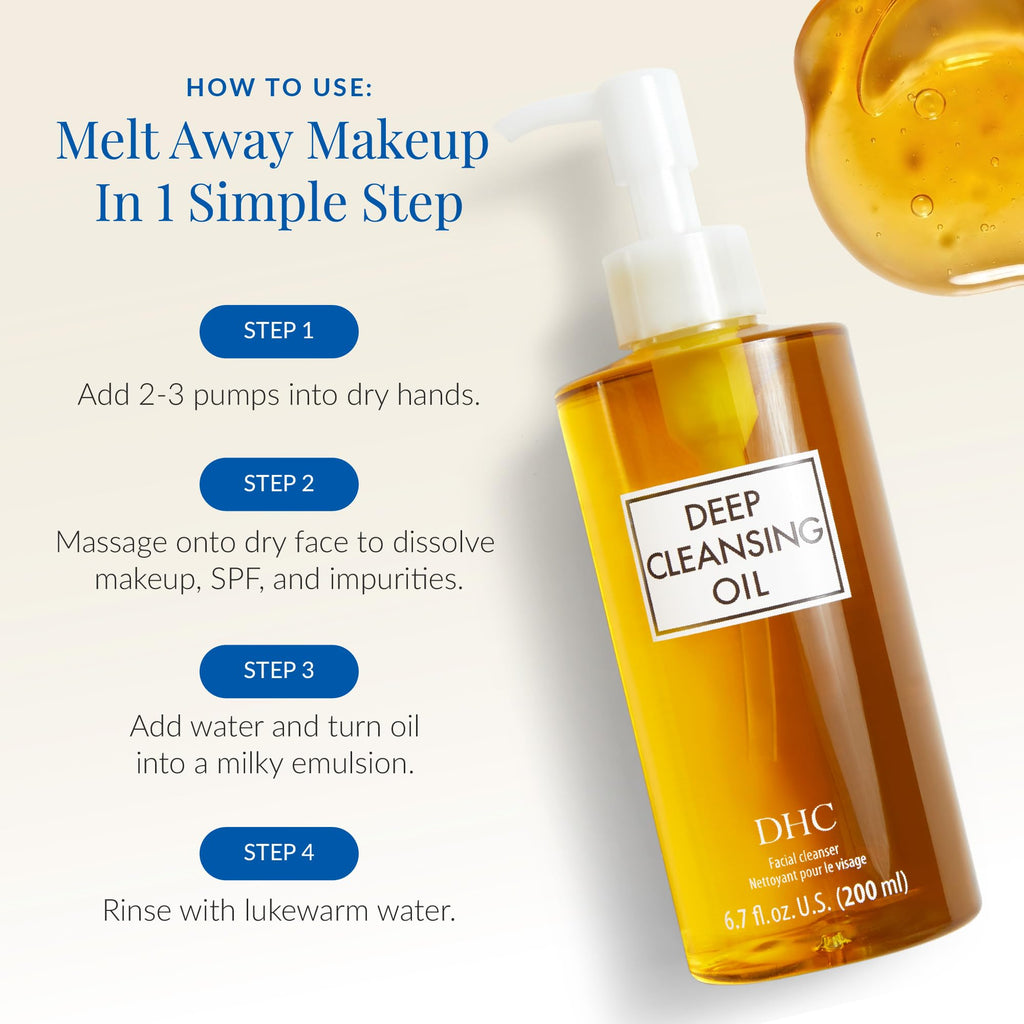 DHC Deep Cleansing Oil, Makeup Remover, Gentle Oil Cleanser, 6.7 oz | Facial Cleansing Oil, Blackhead Remover, Cleanses without Clogging Pores, Residue-Free, Fragrance and Colorant Free
