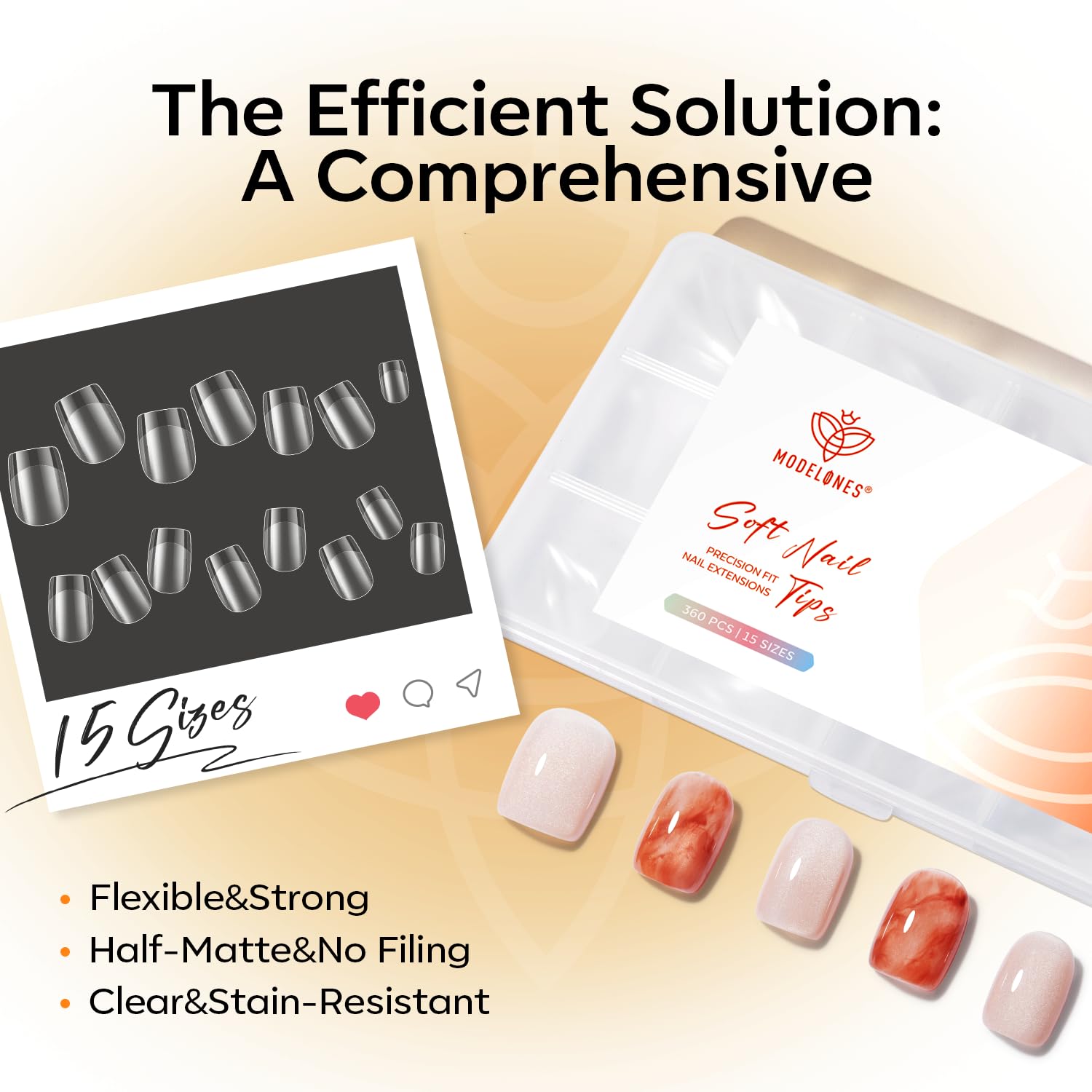 Modelones 360pcs Short Almond Nail Tips in 15 sizes. Genuine, flexible, and strong with a half-matte finish. Clear and stain-resistant.