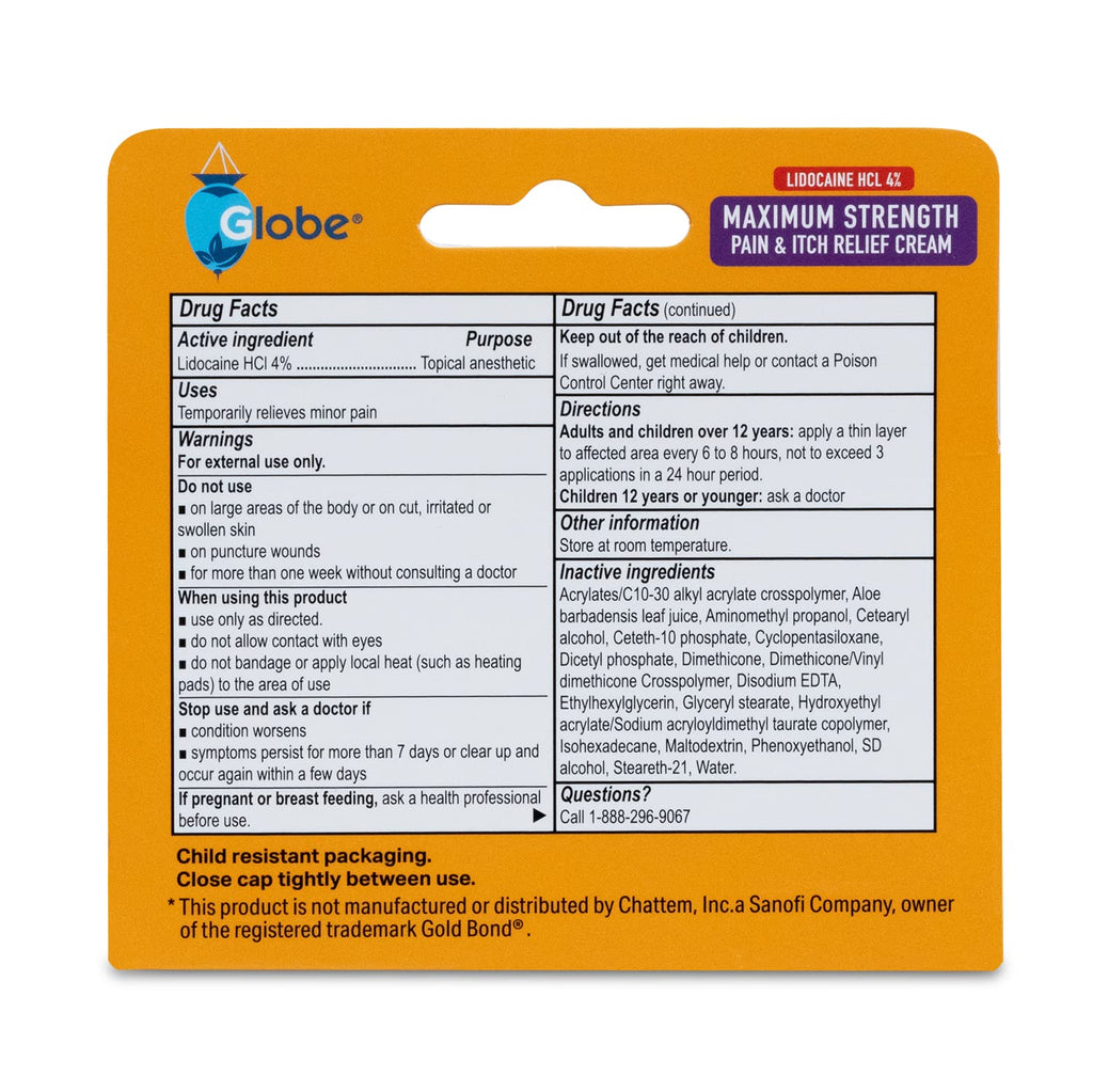 Globe Lidocaine 4% Multi Symptom Relief Cream, 2 Pack, 1.75 oz Bottles